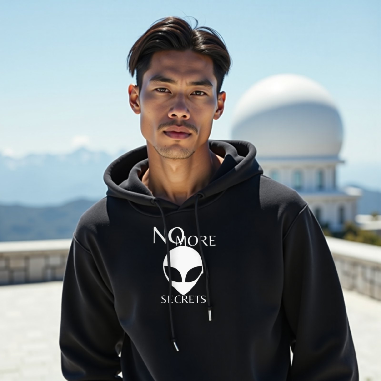 No More Secrets South China Sea hoodie in Black, worn by a model (on the white stone terrace of a mountain-top observatory on a bright clear day). AI-generated image: model and scene are AI-generated; the print is the real artwork.