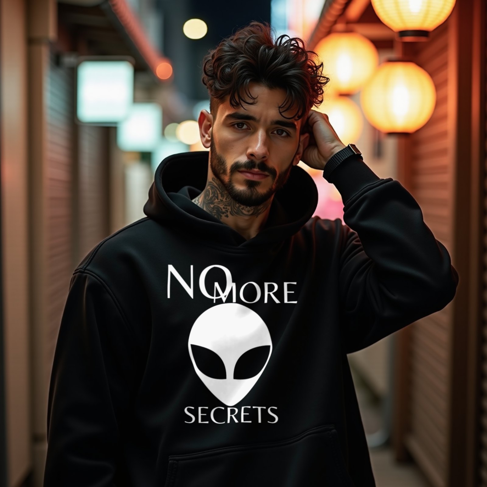 No More Secrets South China Sea hoodie in Black, worn by a model (on a narrow Tokyo street at night). AI-generated image: model and scene are AI-generated; the print is the real artwork.