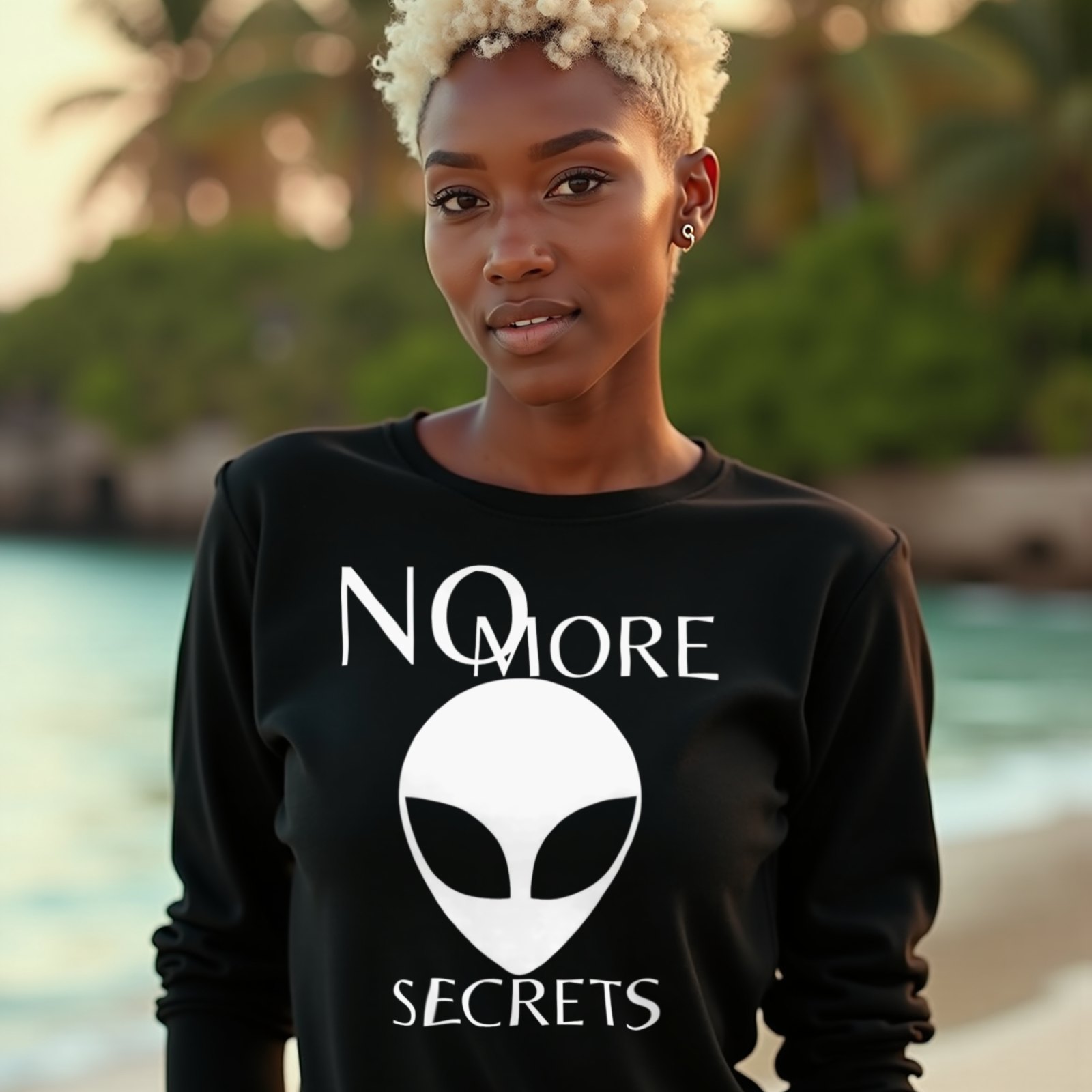 No More Secrets South China Sea long-sleeve T-shirt in Black, worn by a model (on a tropical beach at golden hour). AI-generated image: model and scene are AI-generated; the print is the real artwork.