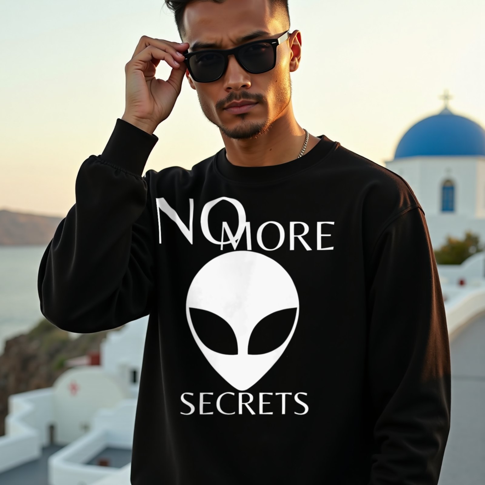 No More Secrets White Alien Face crewneck sweatshirt in Black, worn by a model (on a whitewashed Santorini terrace at golden hour). AI-generated image: model and scene are AI-generated; the print is the real artwork.