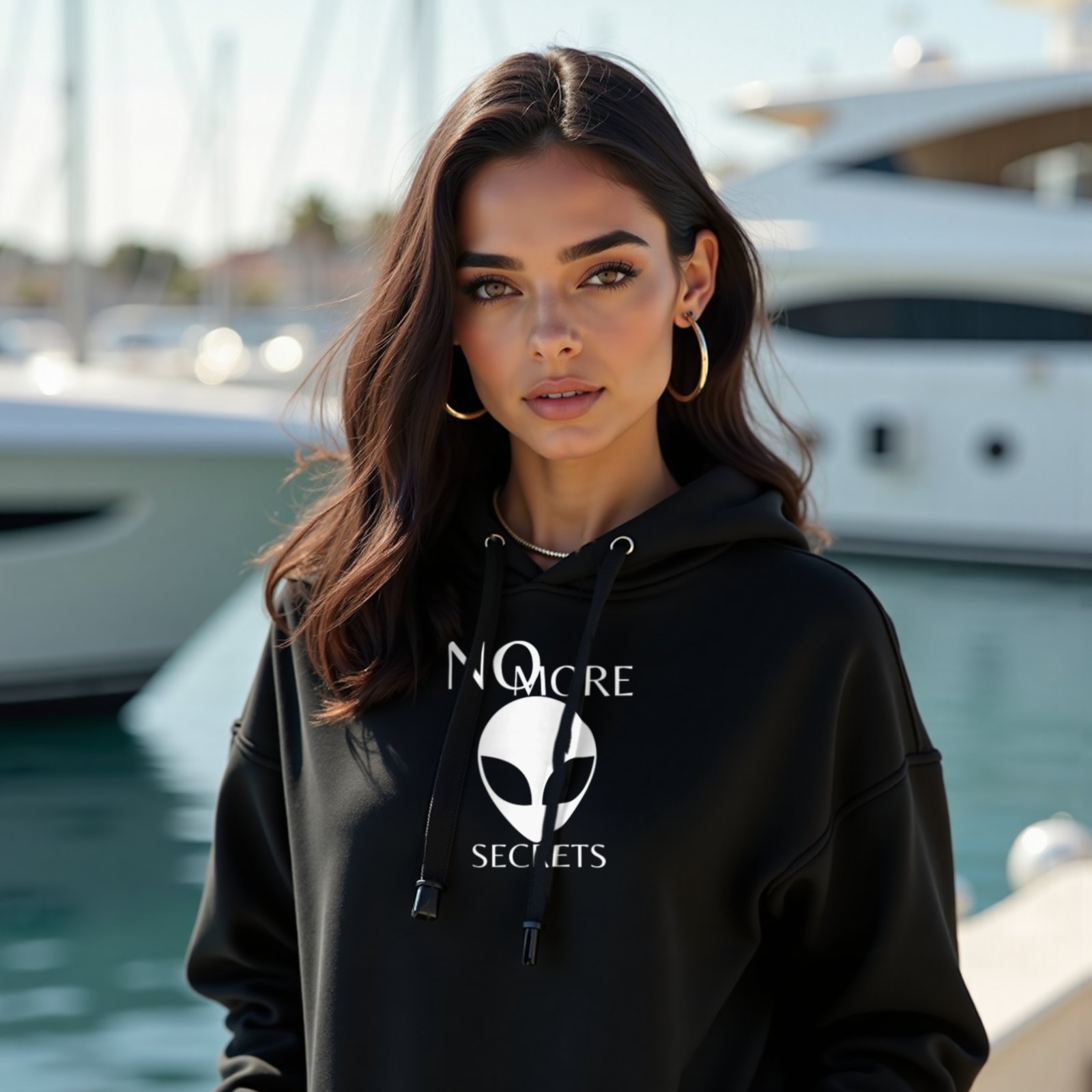No More Secrets White Alien Face hoodie in Black, worn by a model (on the teak deck of a sleek yacht in a sunlit Mediterranean marina). AI-generated image: model and scene are AI-generated; the print is the real artwork.