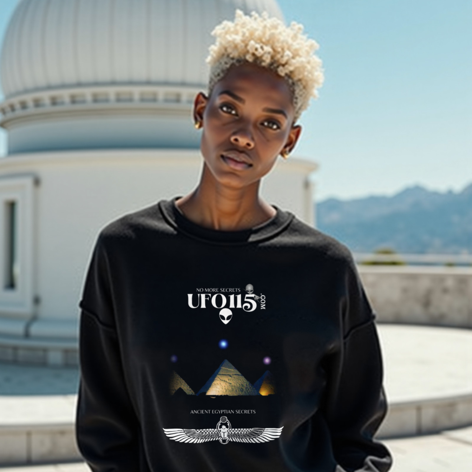 Orion's Belt Pyramids crewneck sweatshirt in Black, worn by a model (on the white stone terrace of a mountain-top observatory on a bright clear day). AI-generated image: model and scene are AI-generated; the print is the real artwork.