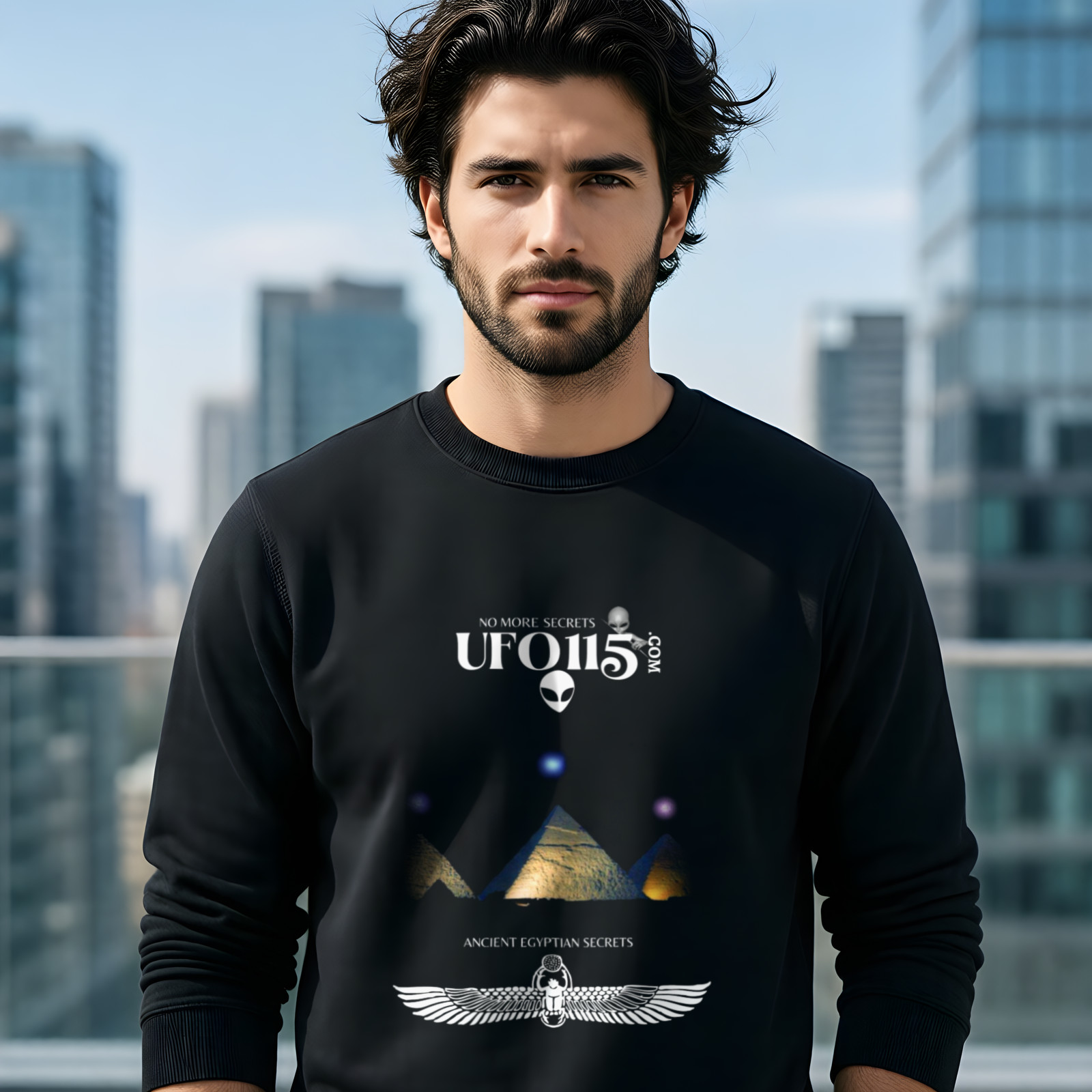Orion's Belt Pyramids crewneck sweatshirt in Black, worn by a model (on a rooftop terrace above a modern city skyline on a clear day).