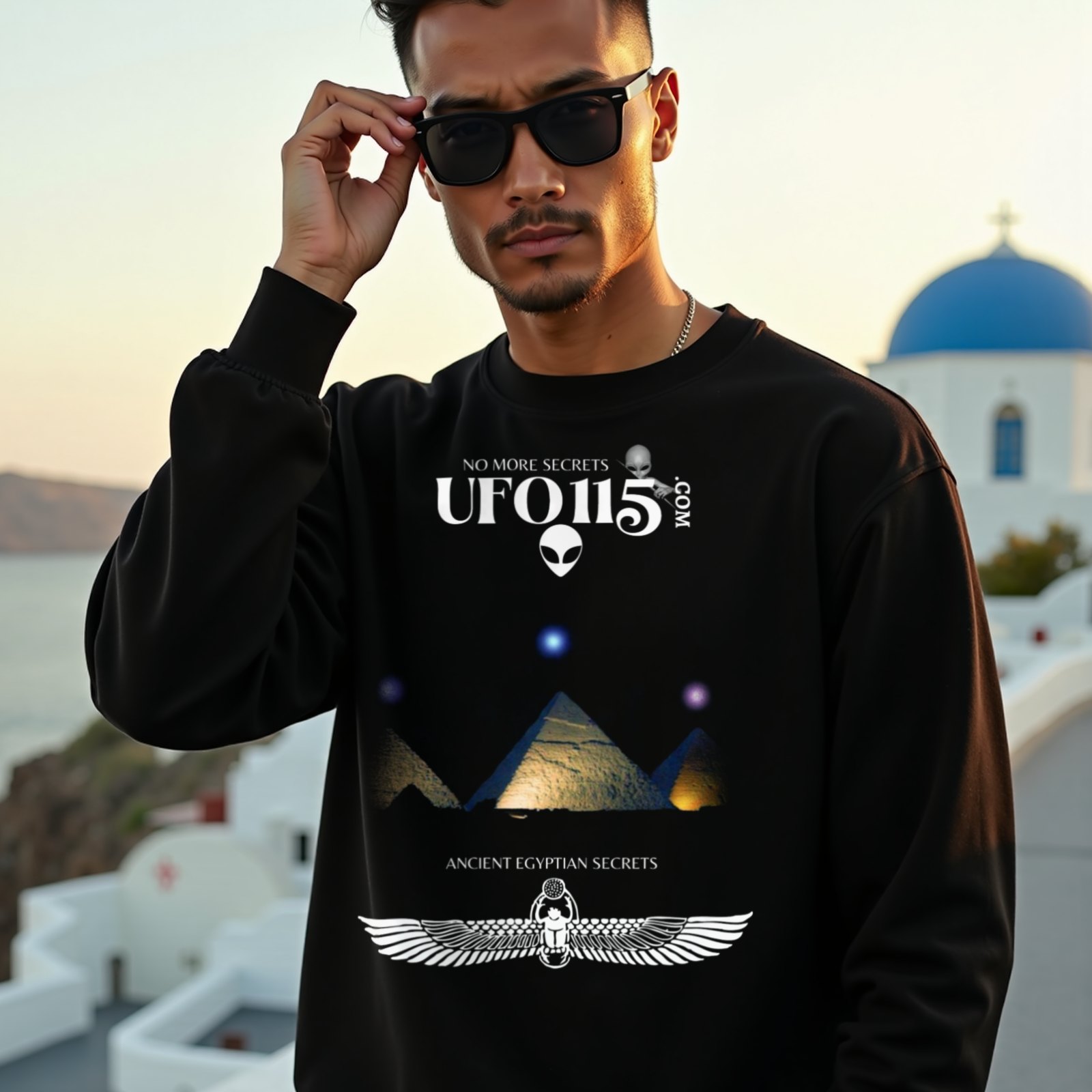 Orion's Belt Pyramids crewneck sweatshirt in Black, worn by a model (on a whitewashed Santorini terrace at golden hour). AI-generated image: model and scene are AI-generated; the print is the real artwork.