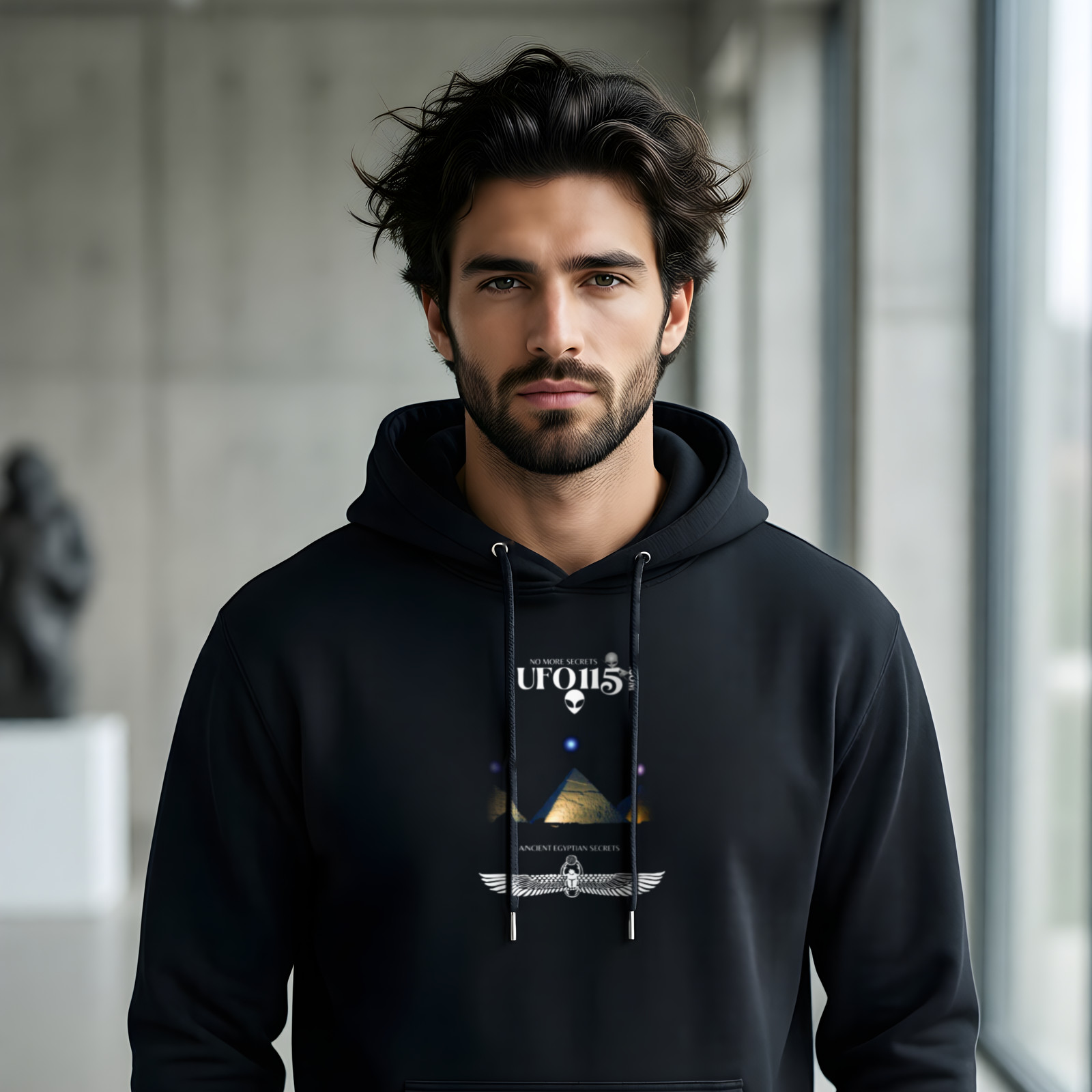 Orion's Belt Pyramids hoodie in Black, worn by a model (in a minimalist concrete architecture gallery with tall windows).