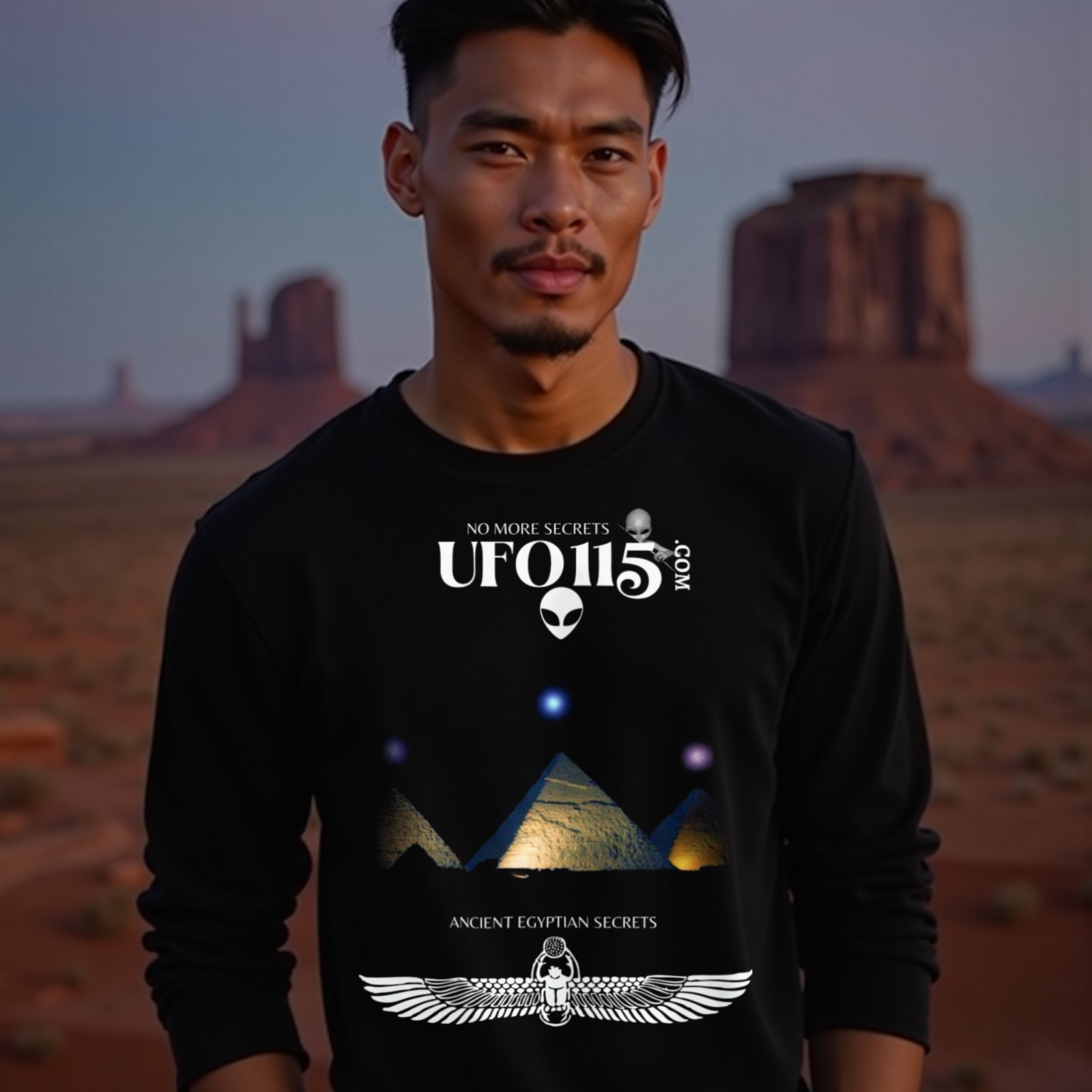 Orion's Belt Pyramids long-sleeve T-shirt in Black, worn by a model (in Monument Valley at dusk). AI-generated image: model and scene are AI-generated; the print is the real artwork.