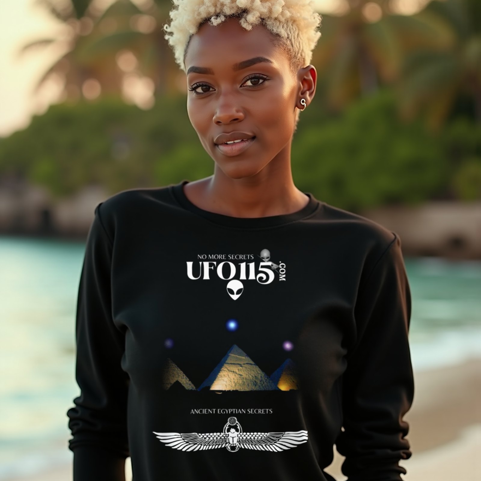 Orion's Belt Pyramids long-sleeve T-shirt in Black, worn by a model (on a tropical beach at golden hour). AI-generated image: model and scene are AI-generated; the print is the real artwork.