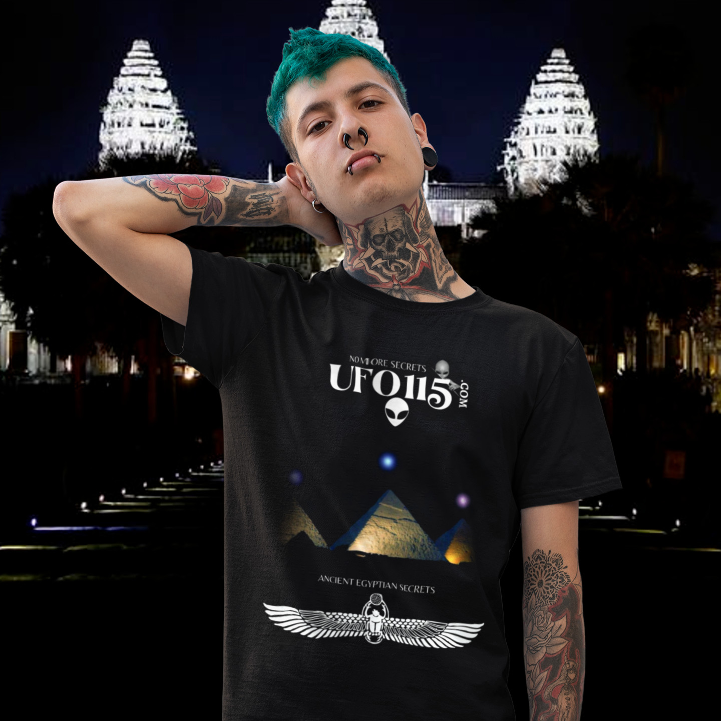 Orion's Belt Pyramids T-shirt in Black, front print, worn by a model (temple at night). AI-edited photo: the real print artwork was digitally placed on a model photo.