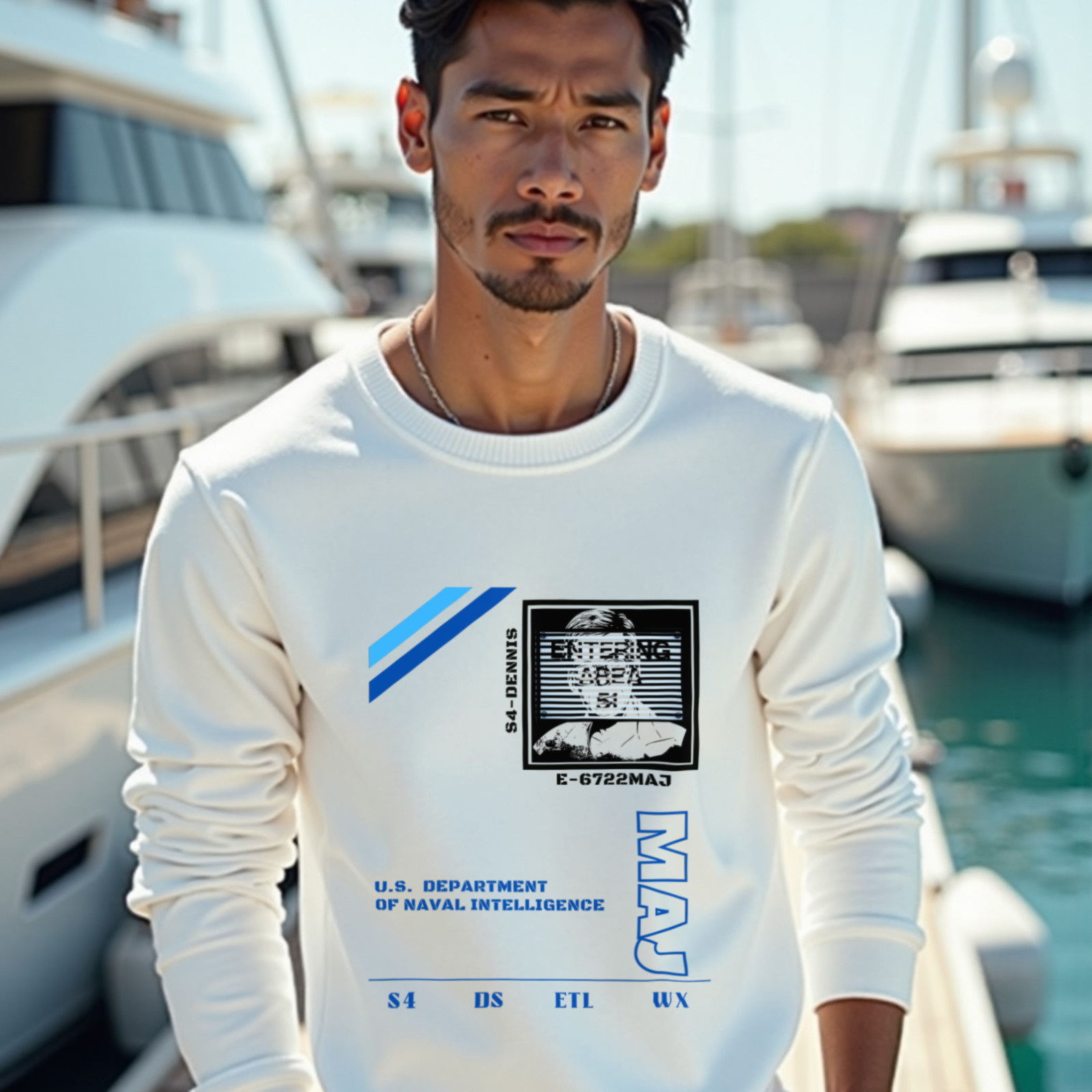 S4 ID My Man Bob crewneck sweatshirt in White, worn by a model (on the teak deck of a sleek yacht in a sunlit Mediterranean marina). AI-generated image: model and scene are AI-generated; the print is the real artwork.