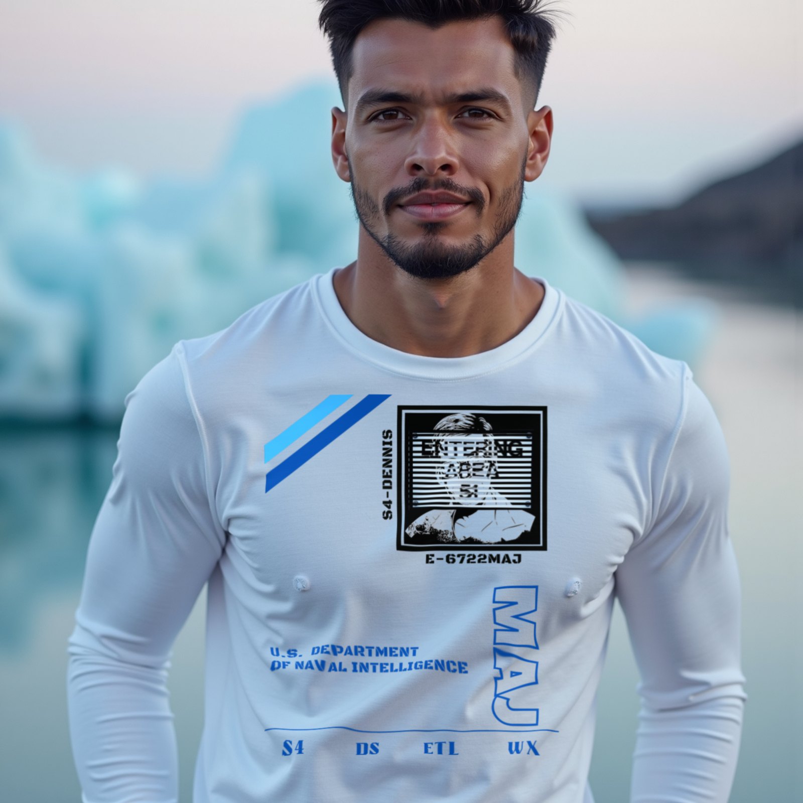 S4 ID My Man Bob long-sleeve T-shirt in White, worn by a model (at the edge of an Icelandic glacier lagoon at blue hour). AI-generated image: model and scene are AI-generated; the print is the real artwork.