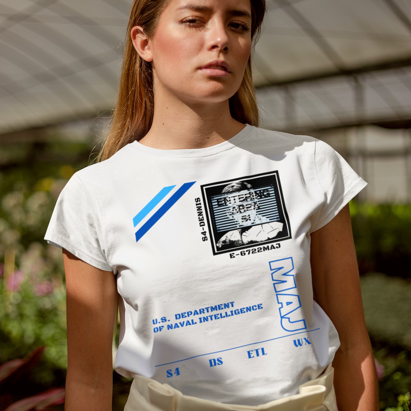 S4 ID My Man Bob T-shirt in White, front print, worn by a model (greenhouse, day). AI-edited photo: the real print artwork was digitally placed on a model photo.