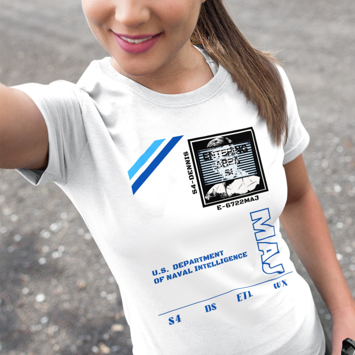 S4 ID My Man Bob T-shirt in White, front print, worn by a model (outdoor selfie, day). AI-edited photo: the real print artwork was digitally placed on a model photo.
