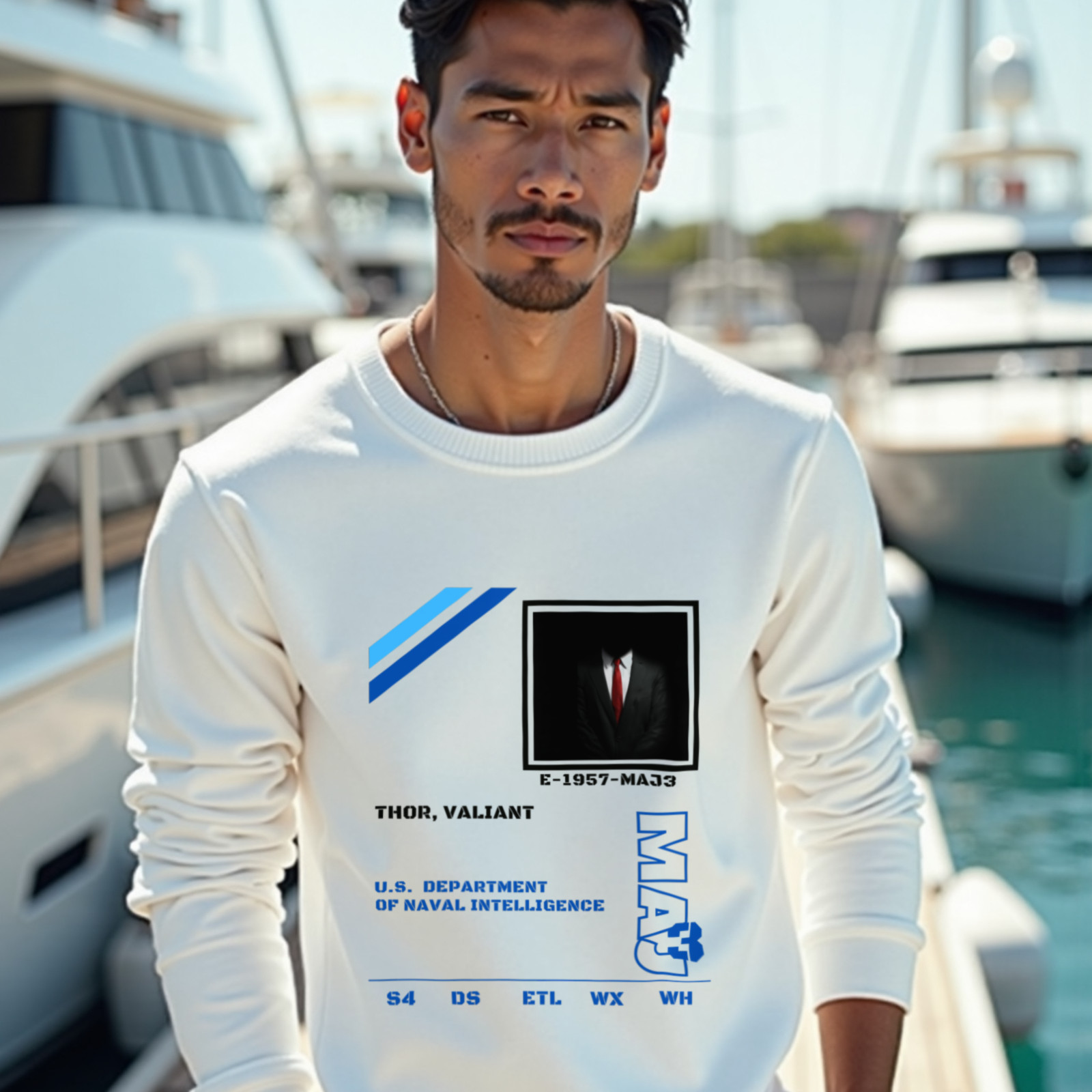 S4 ID Valiant Thor crewneck sweatshirt in White, worn by a model (on the teak deck of a sleek yacht in a sunlit Mediterranean marina). AI-generated image: model and scene are AI-generated; the print is the real artwork.