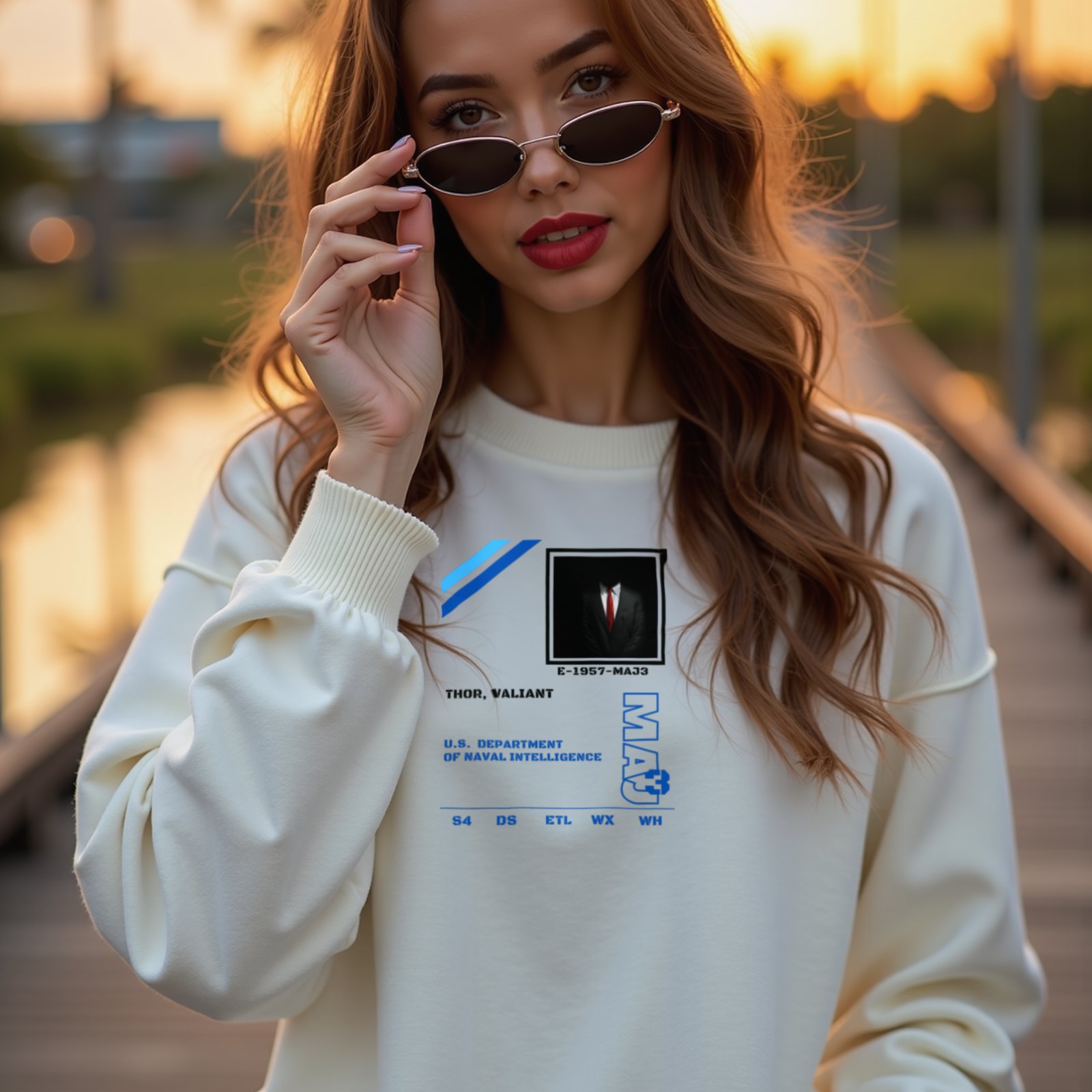 S4 ID Valiant Thor crewneck sweatshirt in White, worn by a model (on a wooden boardwalk by a tropical lagoon at sunset). AI-generated image: model and scene are AI-generated; the print is the real artwork.