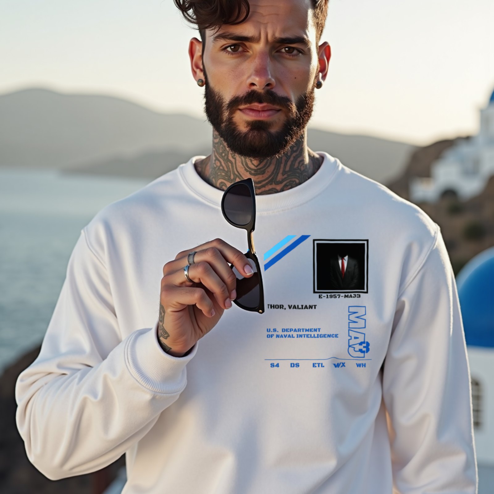 S4 ID Valiant Thor crewneck sweatshirt in White, worn by a model (on a whitewashed Santorini terrace at golden hour). AI-generated image: model and scene are AI-generated; the print is the real artwork.