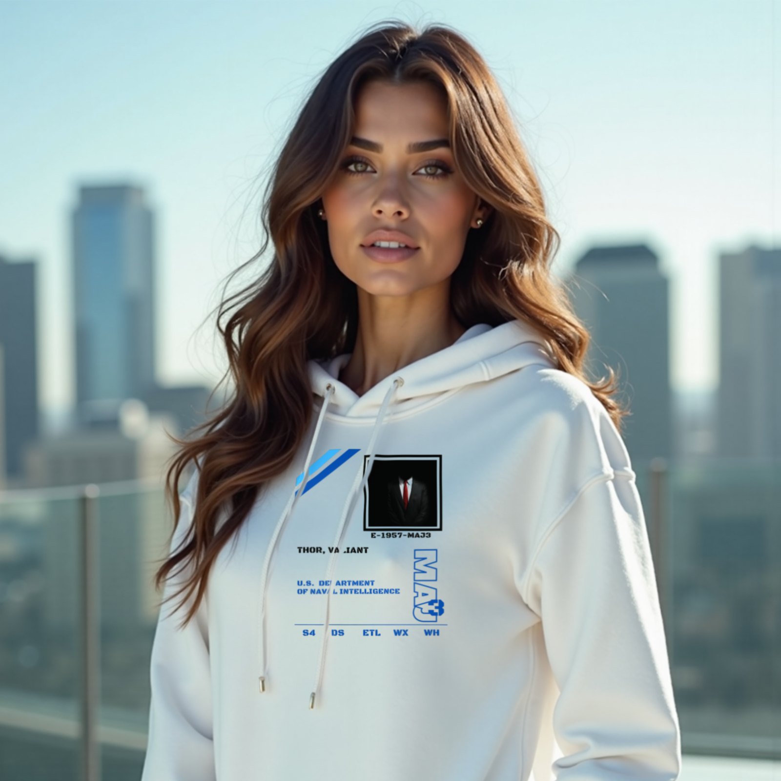 S4 ID Valiant Thor hoodie in White, worn by a model (on a rooftop terrace above a modern city skyline on a clear day). AI-generated image: model and scene are AI-generated; the print is the real artwork.