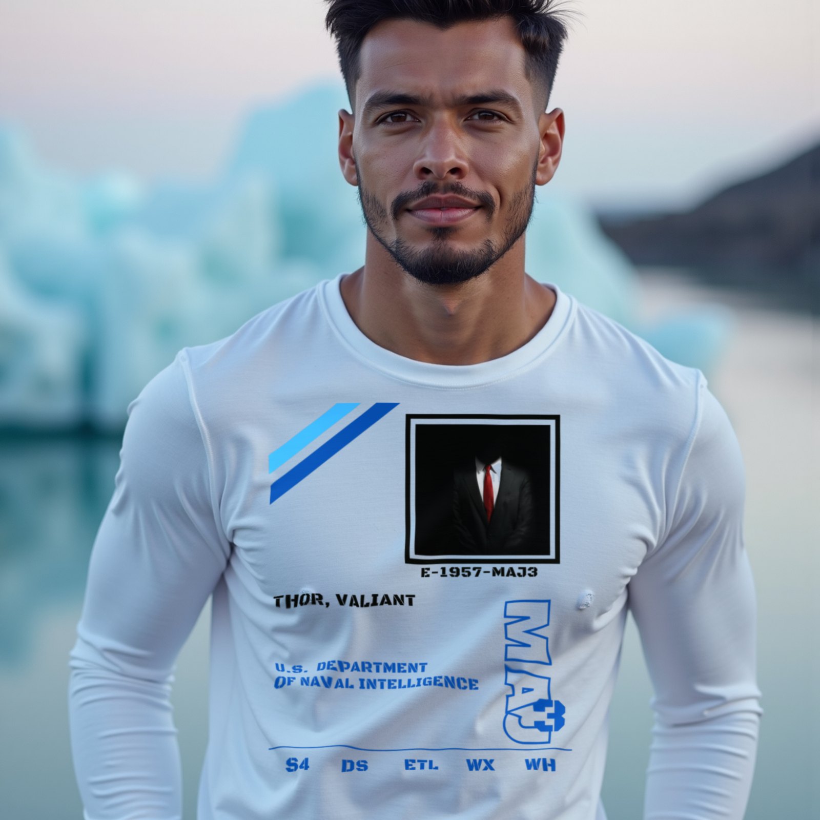 S4 ID Valiant Thor long-sleeve T-shirt in White, worn by a model (at the edge of an Icelandic glacier lagoon at blue hour). AI-generated image: model and scene are AI-generated; the print is the real artwork.