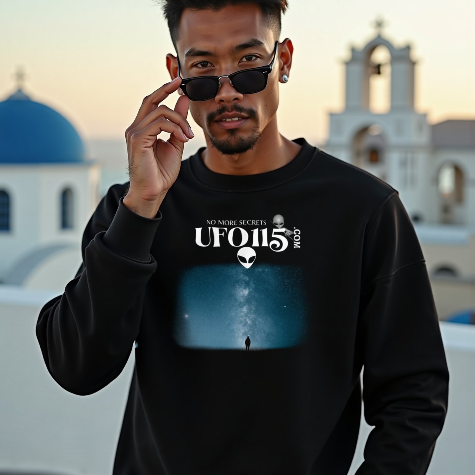 Sky Watcher Blue Solitude crewneck sweatshirt in Black, worn by a model (on a whitewashed Santorini terrace at golden hour). AI-generated image: model and scene are AI-generated; the print is the real artwork.