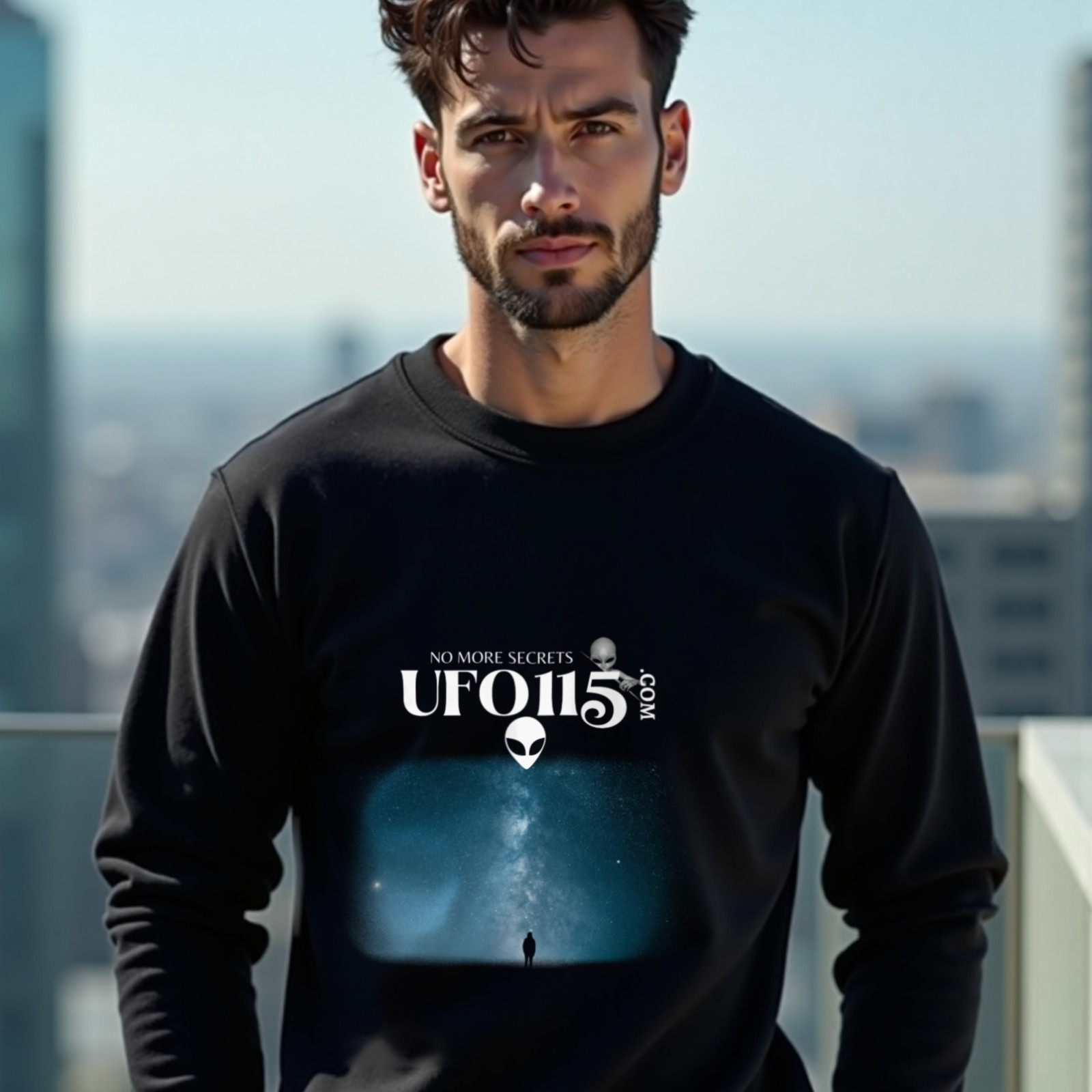 Sky Watcher Blue Solitude crewneck sweatshirt in Black, worn by a model (on a rooftop terrace above a modern city skyline on a clear day). AI-generated image: model and scene are AI-generated; the print is the real artwork.