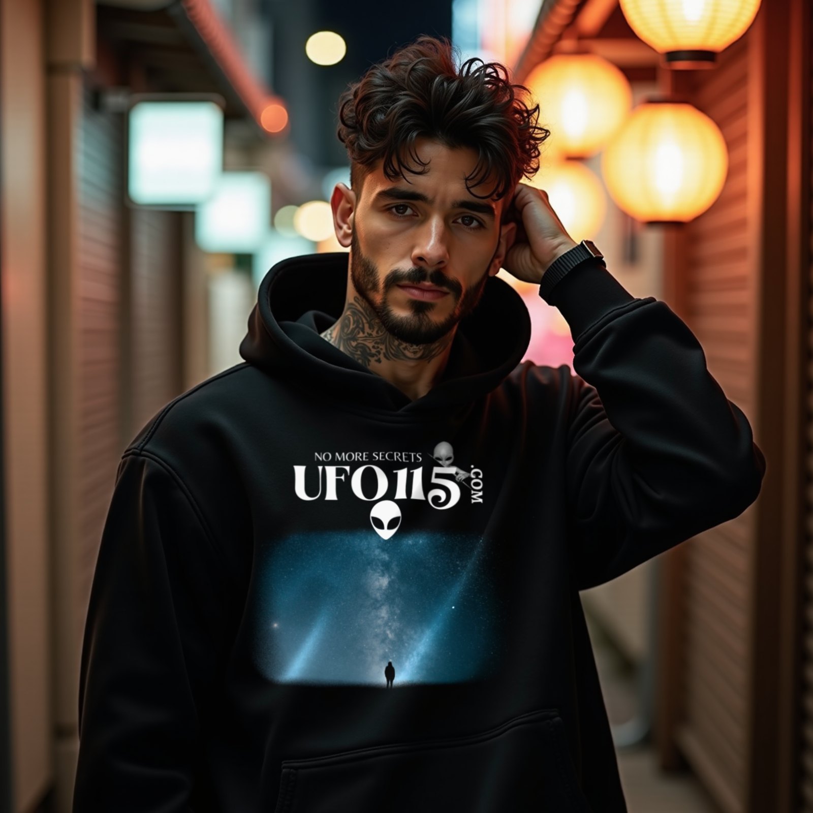Sky Watcher Blue Solitude hoodie in Black, worn by a model (on a narrow Tokyo street at night). AI-generated image: model and scene are AI-generated; the print is the real artwork.