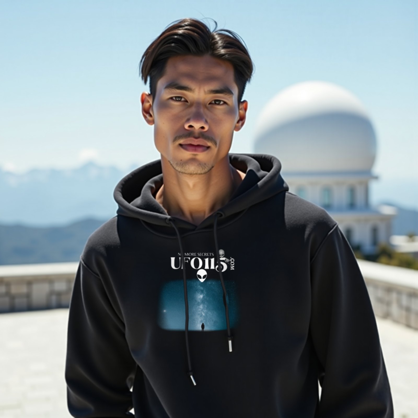 Sky Watcher Blue Solitude hoodie in Black, worn by a model (on the white stone terrace of a mountain-top observatory on a bright clear day). AI-generated image: model and scene are AI-generated; the print is the real artwork.