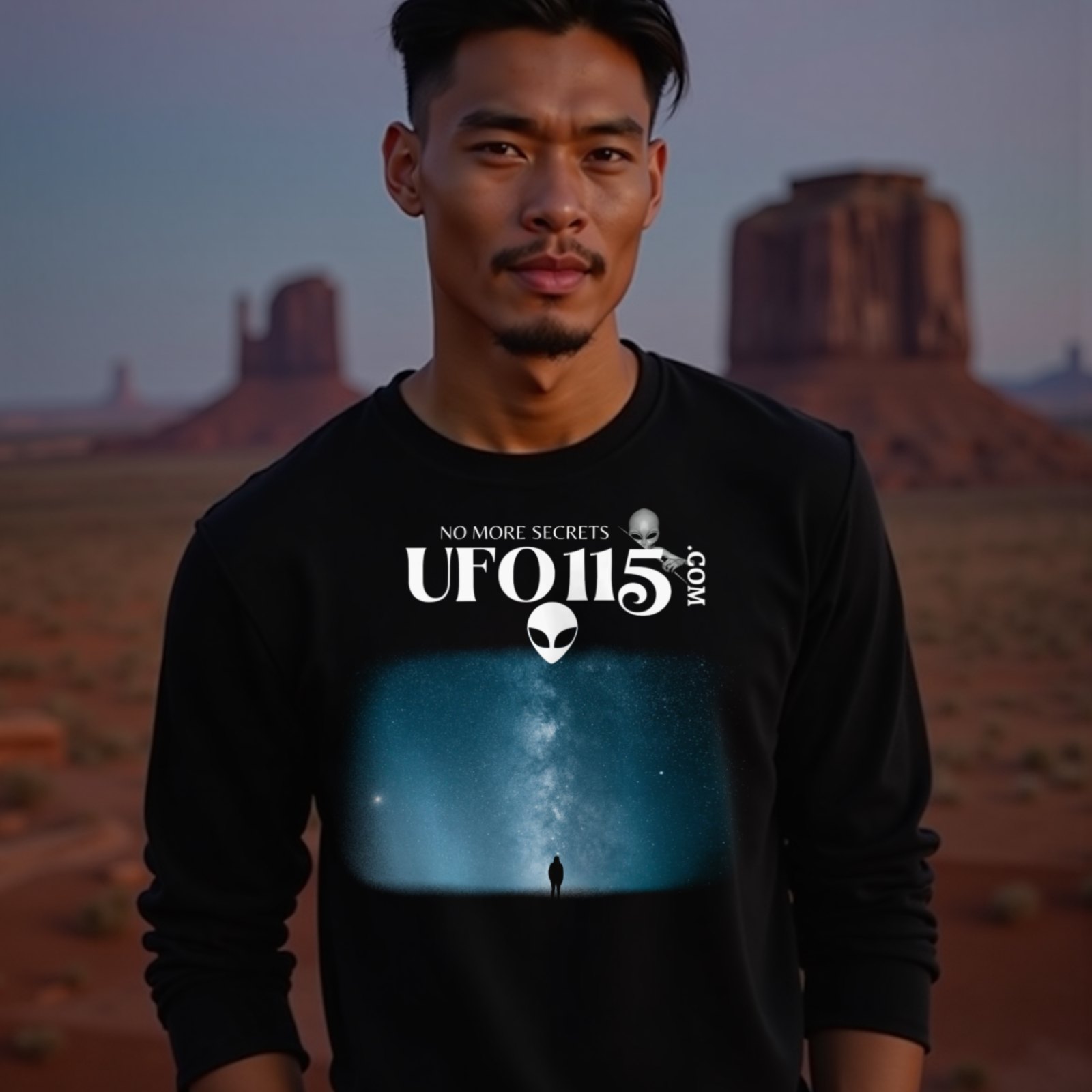 Sky Watcher Blue Solitude long-sleeve T-shirt in Black, worn by a model (in Monument Valley at dusk). AI-generated image: model and scene are AI-generated; the print is the real artwork.