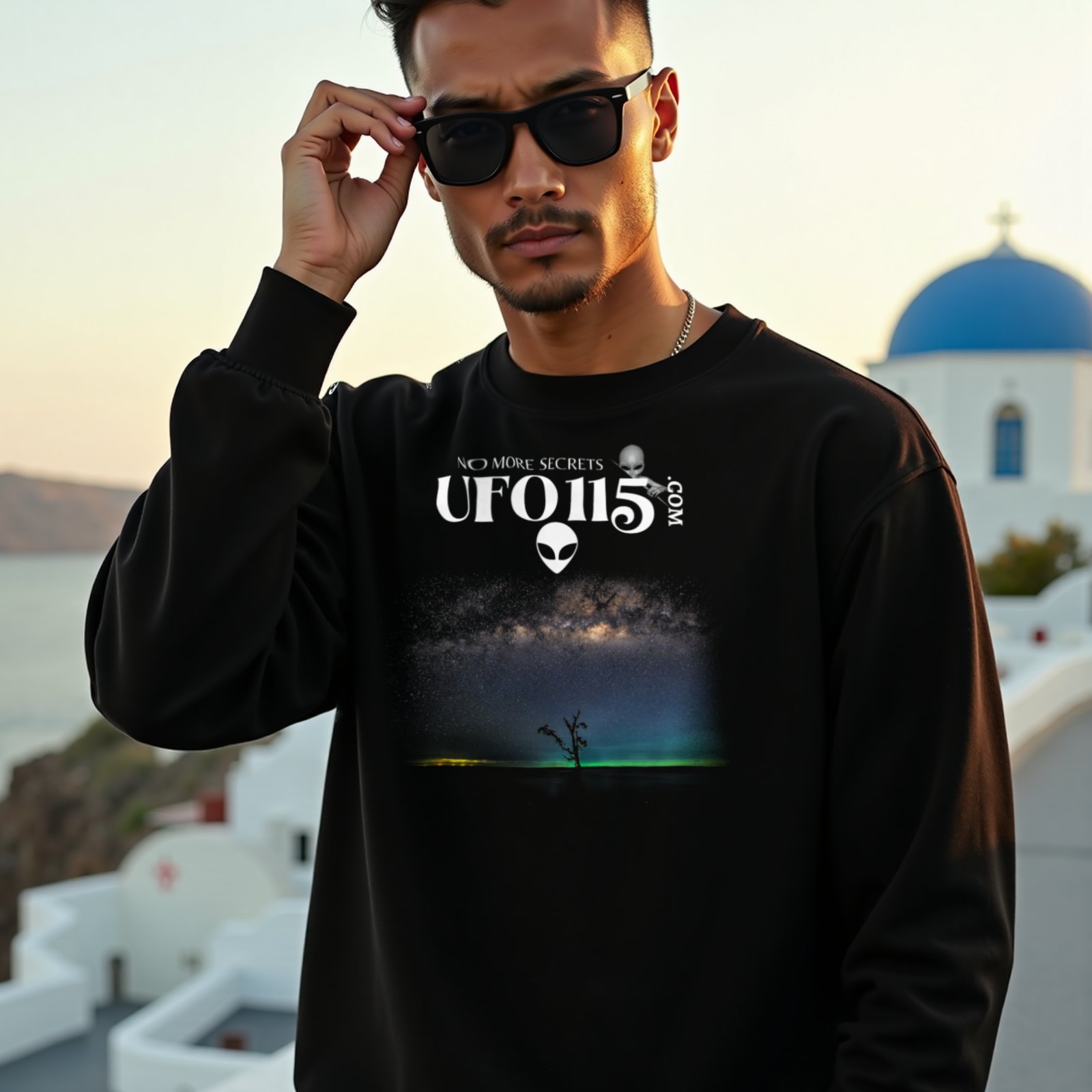 Sky Watcher Glowy Nights crewneck sweatshirt in Black, worn by a model (on a whitewashed Santorini terrace at golden hour). AI-generated image: model and scene are AI-generated; the print is the real artwork.