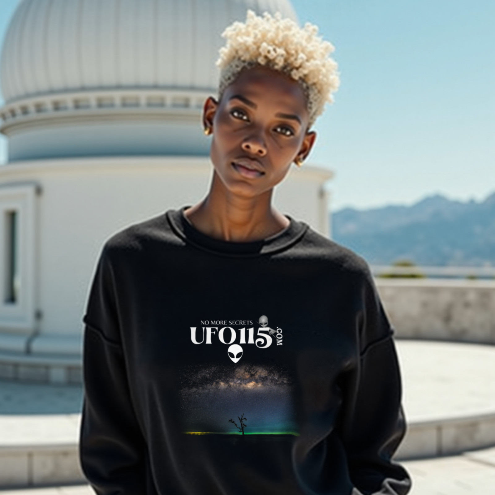 Sky Watcher Glowy Nights crewneck sweatshirt in Black, worn by a model (on the white stone terrace of a mountain-top observatory on a bright clear day). AI-generated image: model and scene are AI-generated; the print is the real artwork.