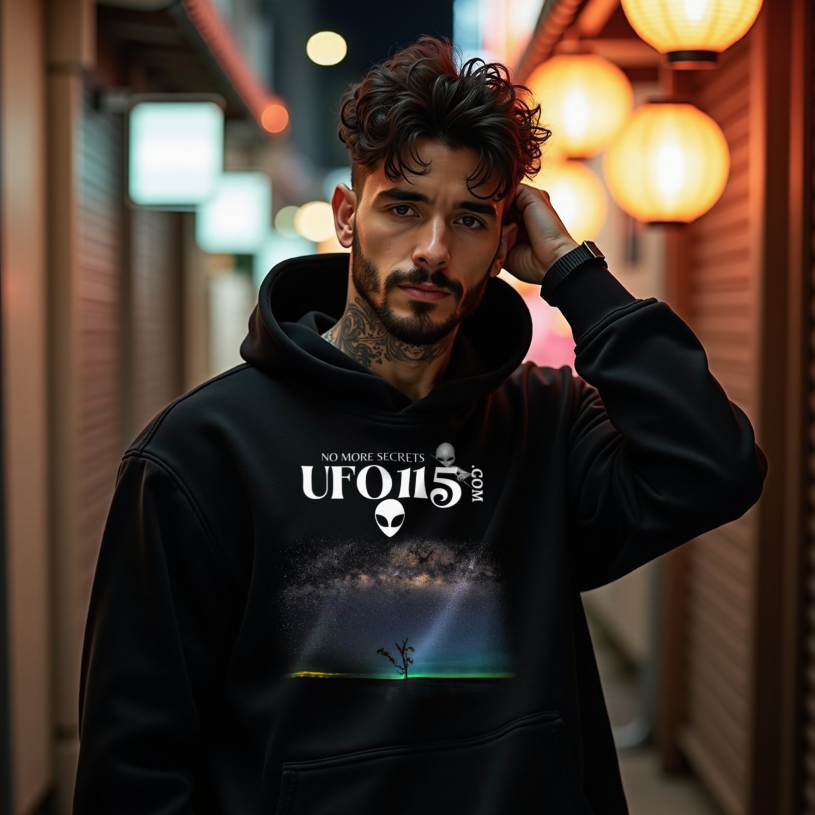 Sky Watcher Glowy Nights hoodie in Black, worn by a model (on a narrow Tokyo street at night). AI-generated image: model and scene are AI-generated; the print is the real artwork.