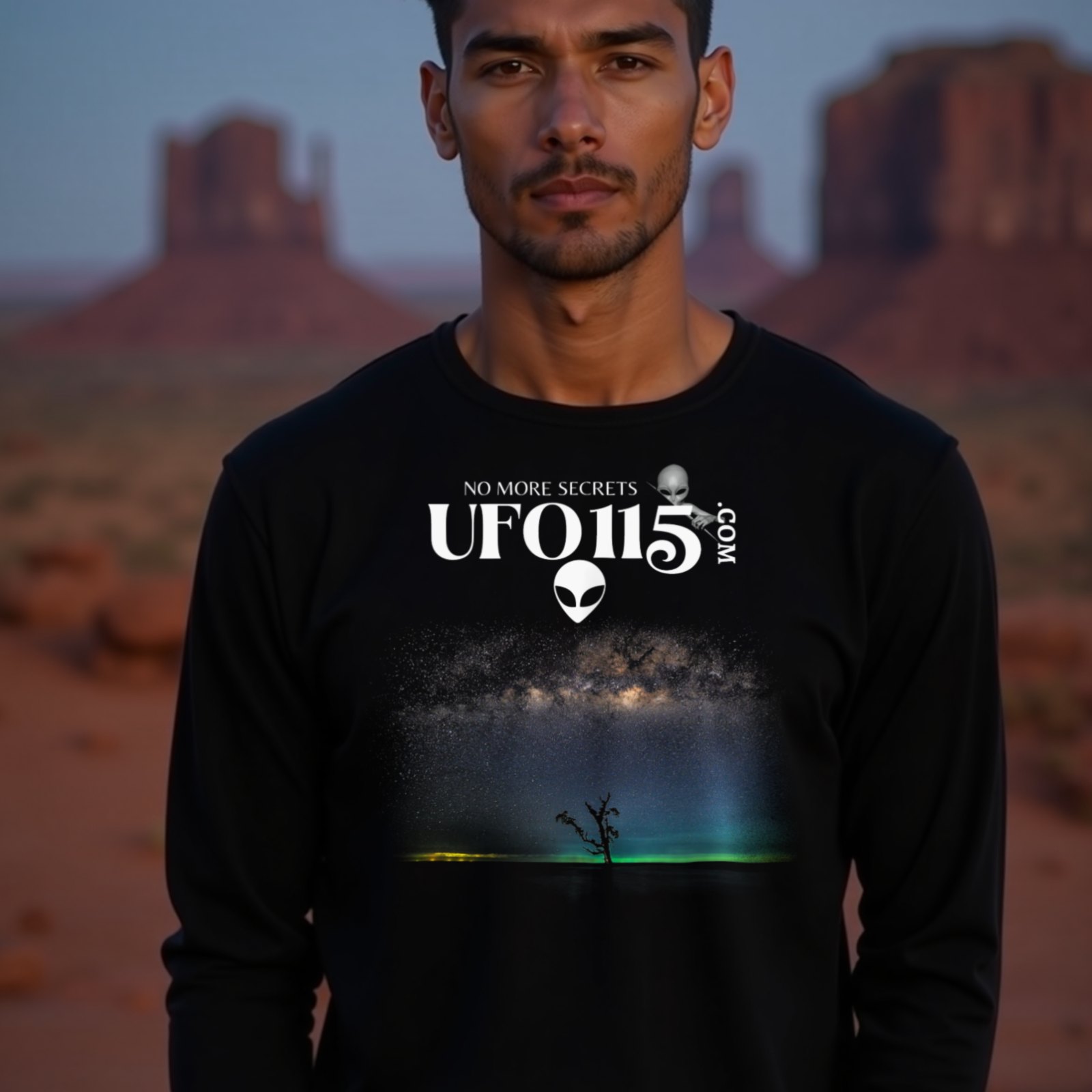 Sky Watcher Glowy Nights long-sleeve T-shirt in Black, worn by a model (in Monument Valley at dusk). AI-generated image: model and scene are AI-generated; the print is the real artwork.