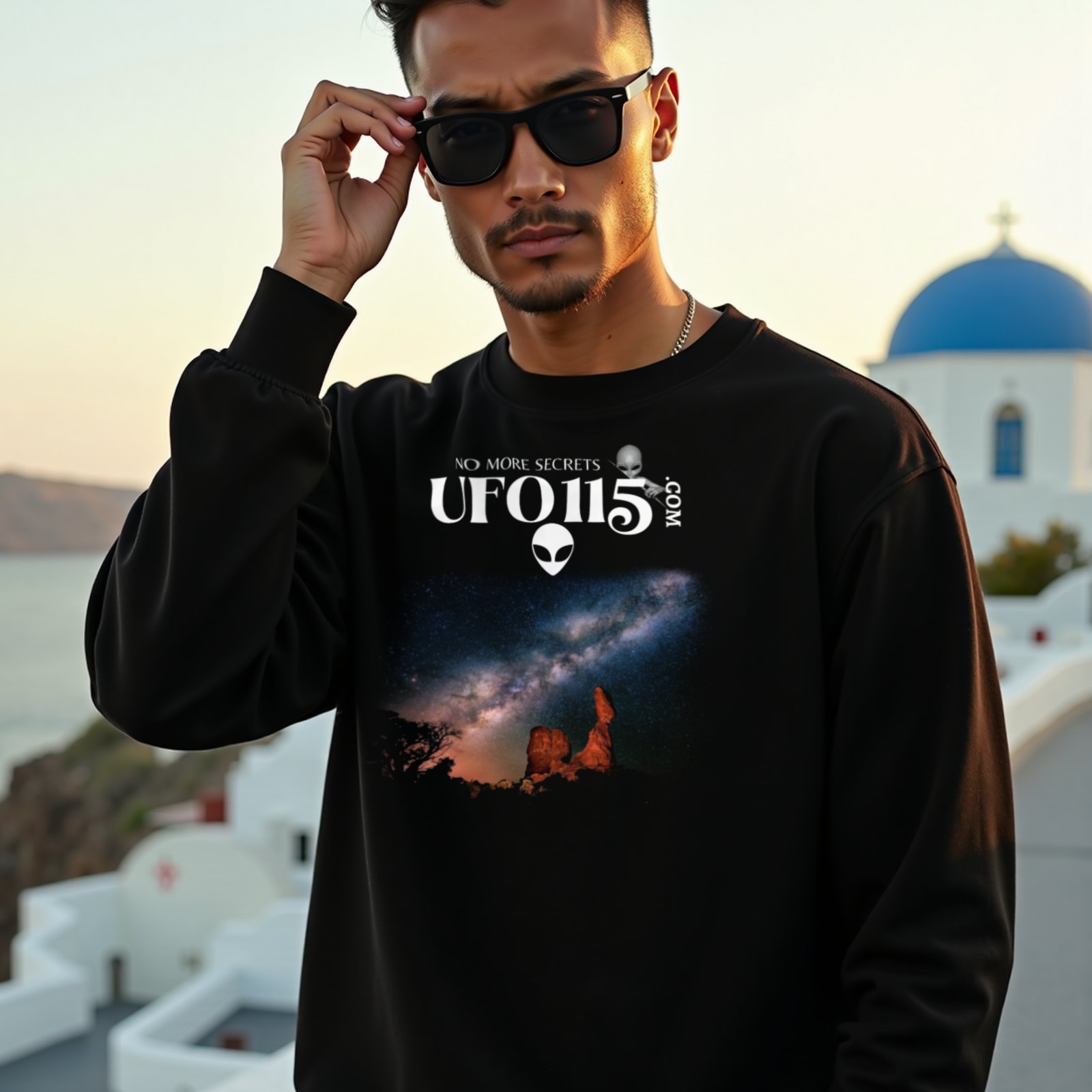 Sky Watcher Milky Way Canyon crewneck sweatshirt in Black, worn by a model (on a whitewashed Santorini terrace at golden hour). AI-generated image: model and scene are AI-generated; the print is the real artwork.