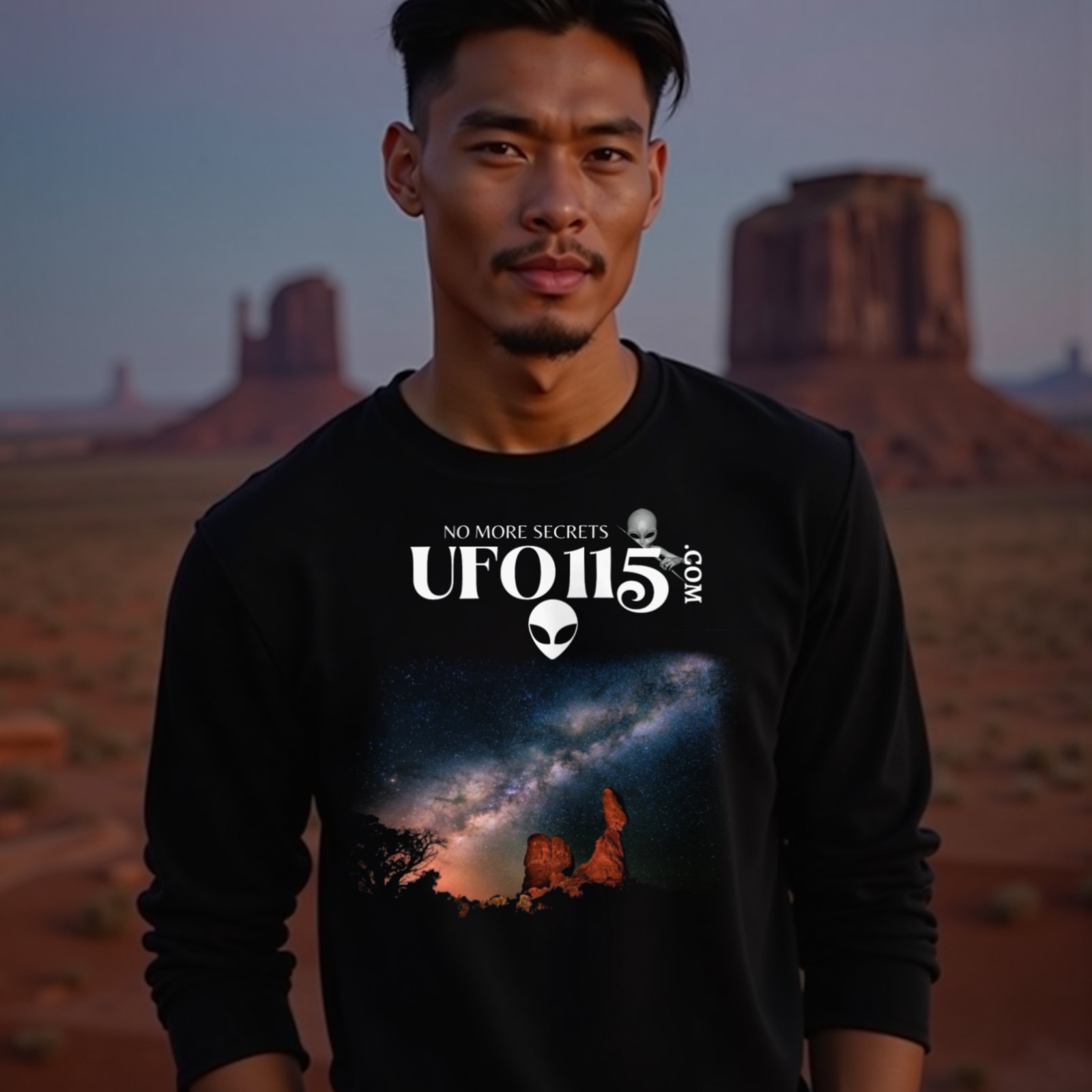 Sky Watcher Milky Way Canyon long-sleeve T-shirt in Black, worn by a model (in Monument Valley at dusk). AI-generated image: model and scene are AI-generated; the print is the real artwork.