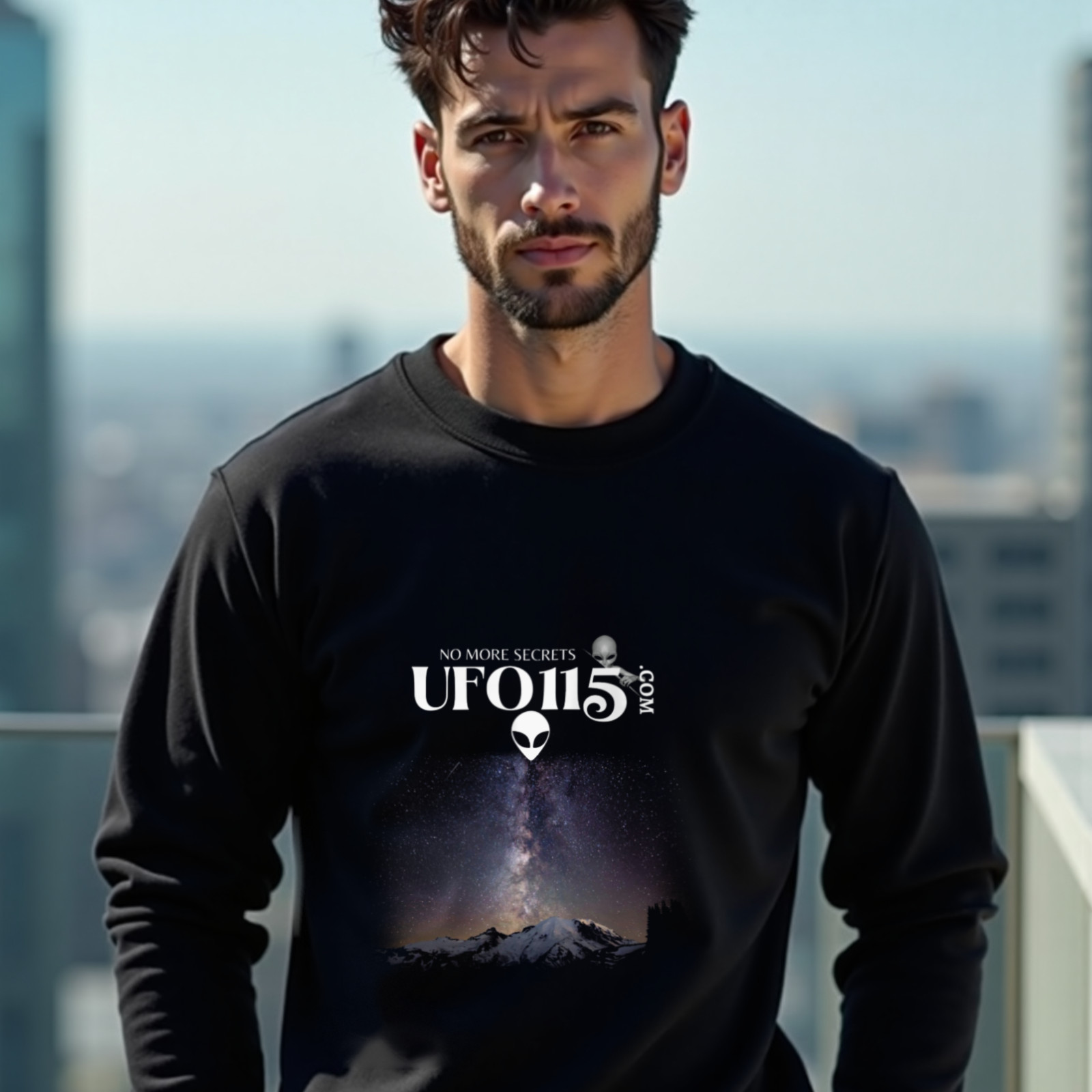 Sky Watcher Mountain Light crewneck sweatshirt in Black, worn by a model (on a rooftop terrace above a modern city skyline on a clear day). AI-generated image: model and scene are AI-generated; the print is the real artwork.