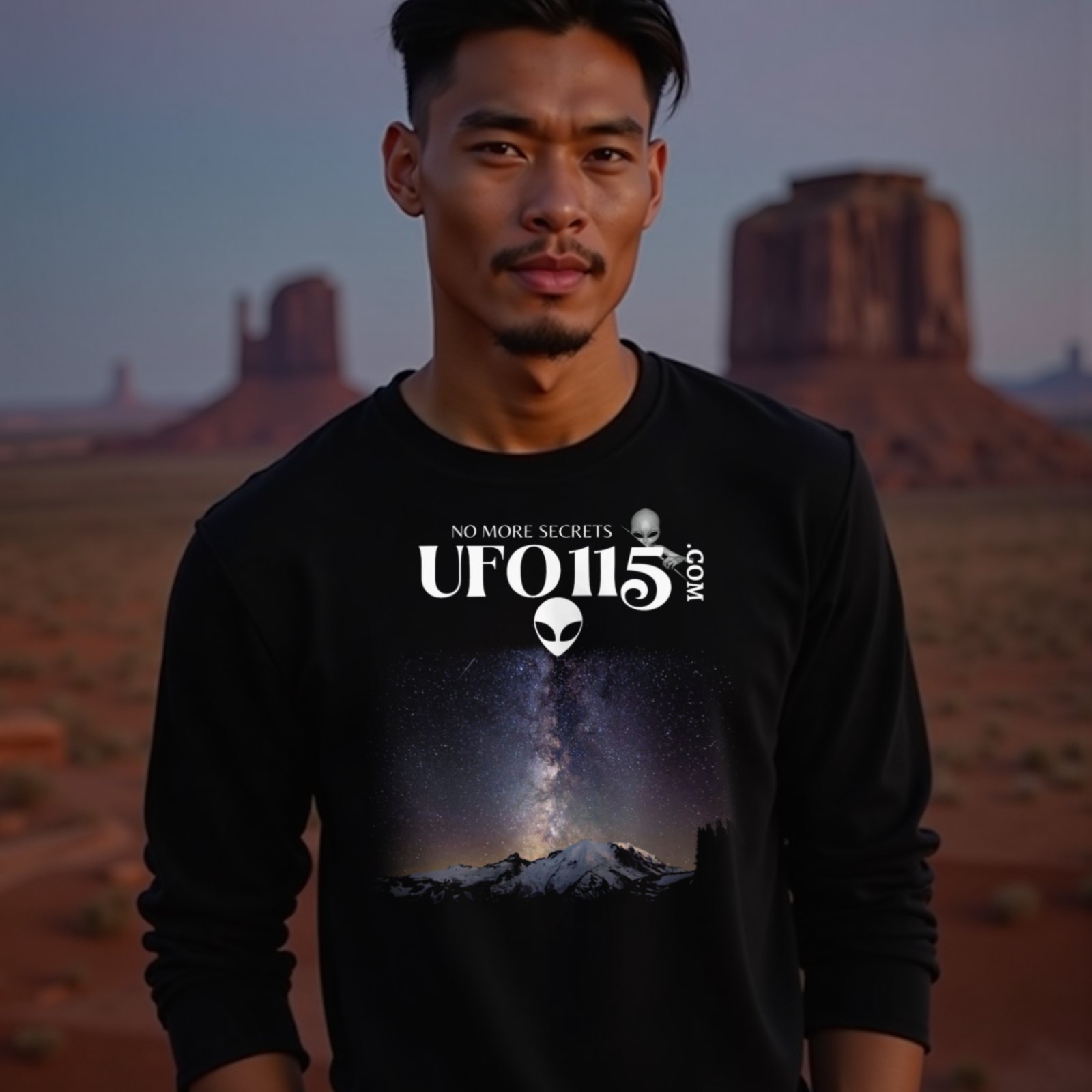 Sky Watcher Mountain Light long-sleeve T-shirt in Black, worn by a model (in Monument Valley at dusk). AI-generated image: model and scene are AI-generated; the print is the real artwork.