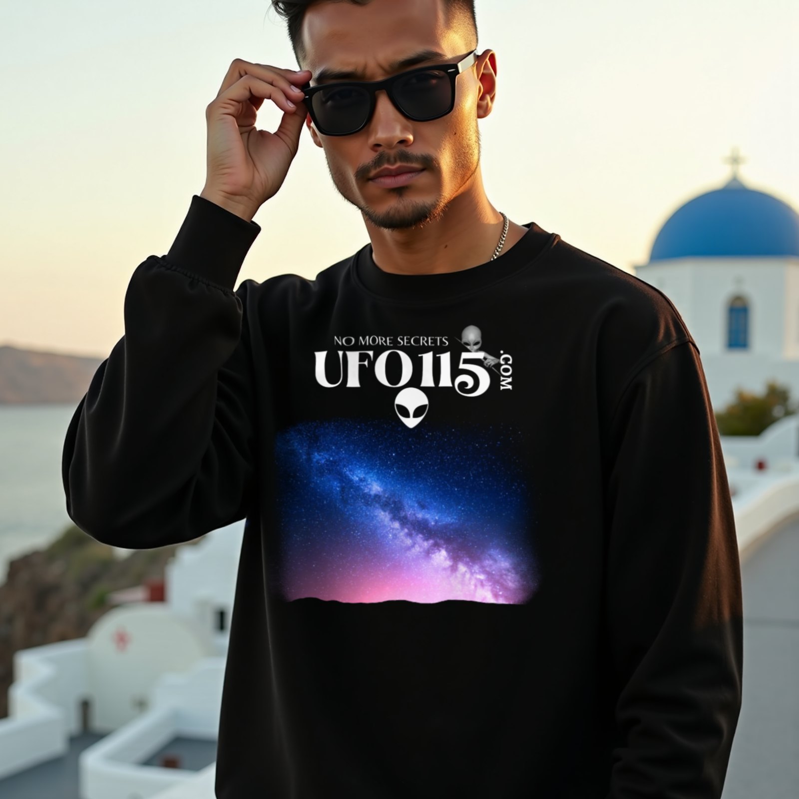 Sky Watcher Pretty in Pink crewneck sweatshirt in Black, worn by a model (on a whitewashed Santorini terrace at golden hour). AI-generated image: model and scene are AI-generated; the print is the real artwork.