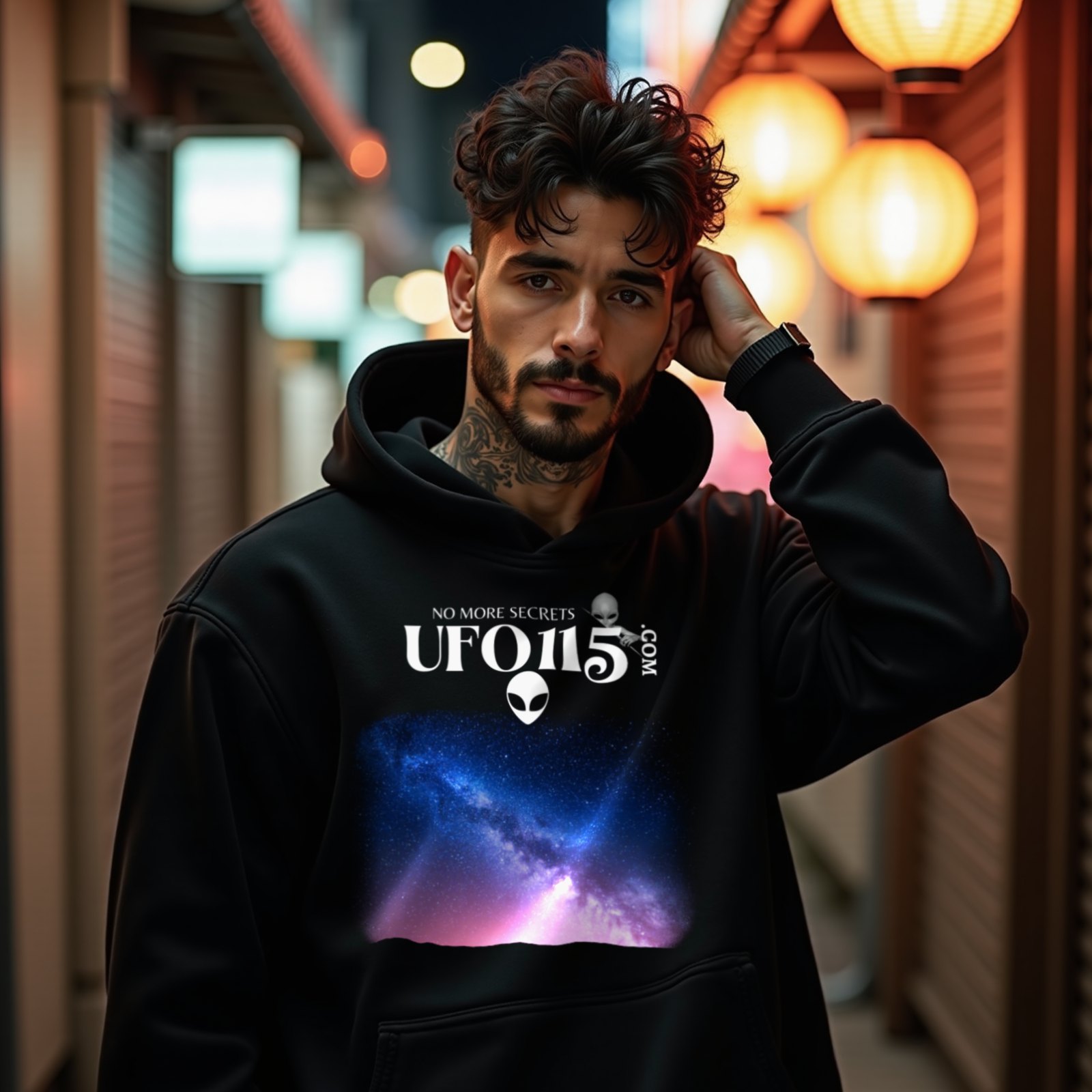Sky Watcher Pretty in Pink hoodie in Black, worn by a model (on a narrow Tokyo street at night). AI-generated image: model and scene are AI-generated; the print is the real artwork.