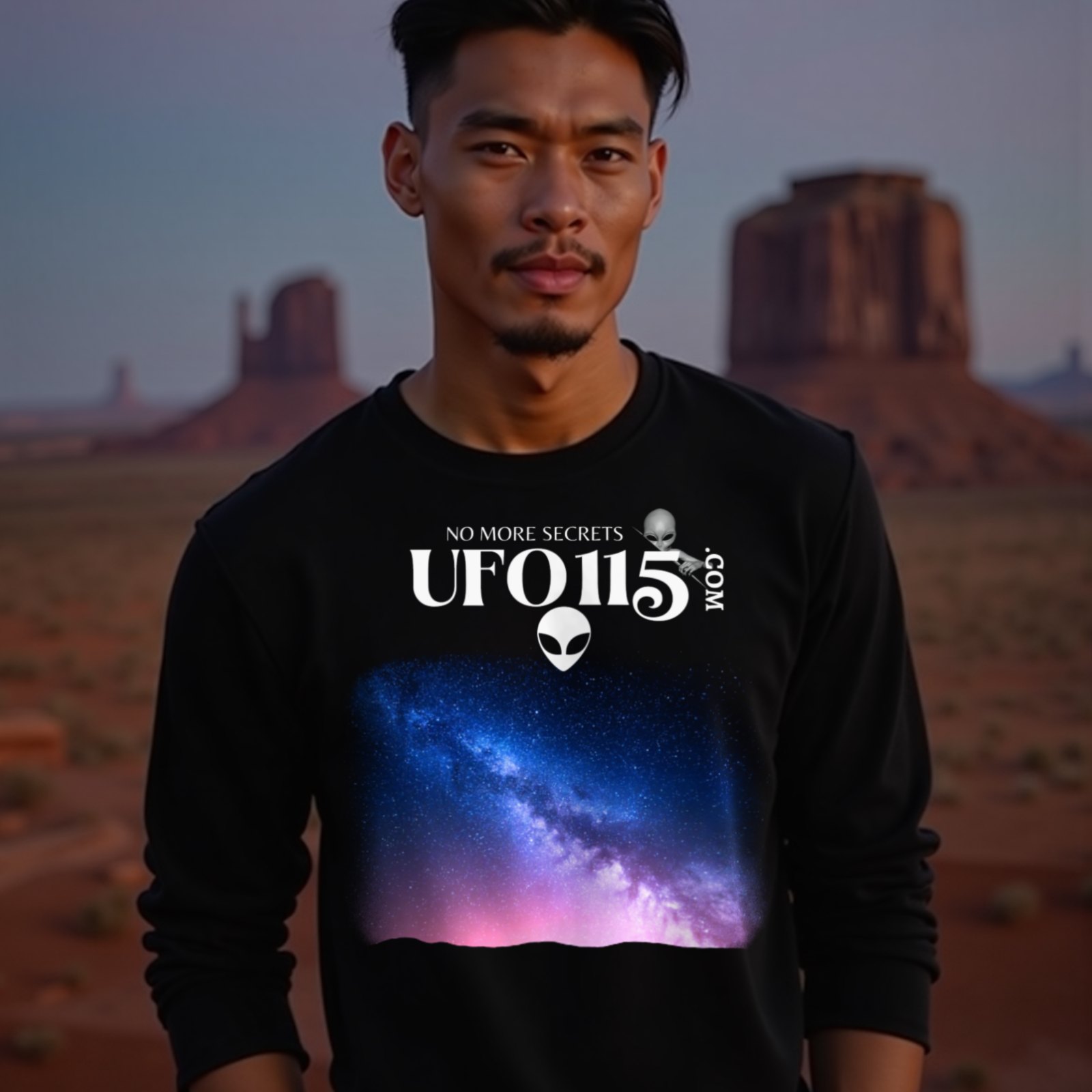 Sky Watcher Pretty in Pink long-sleeve T-shirt in Black, worn by a model (in Monument Valley at dusk). AI-generated image: model and scene are AI-generated; the print is the real artwork.