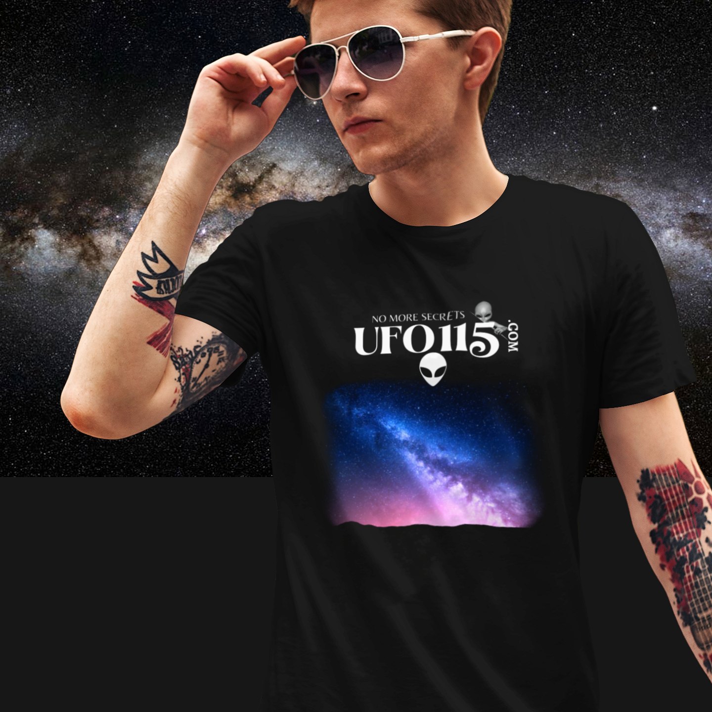 Sky Watcher Pretty in Pink T-shirt in Black, front print, worn by a model (Milky Way night). AI-edited photo: the real print artwork was digitally placed on a model photo.