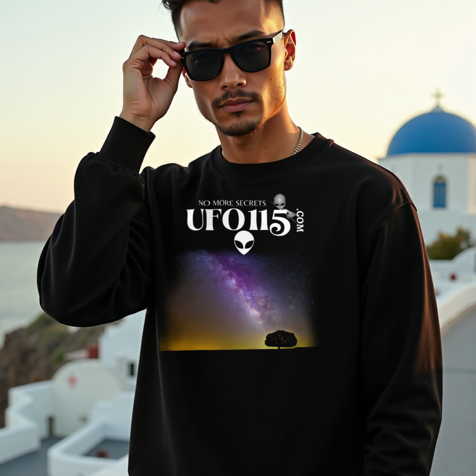 Sky Watcher Purple Star Dust crewneck sweatshirt in Black, worn by a model (on a whitewashed Santorini terrace at golden hour). AI-generated image: model and scene are AI-generated; the print is the real artwork.