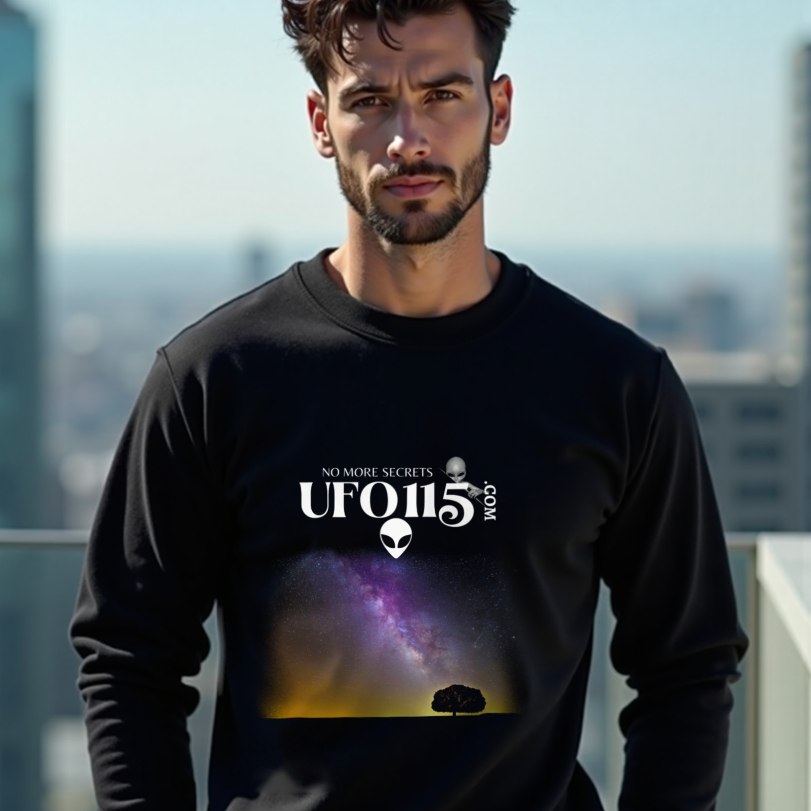 Sky Watcher Purple Star Dust crewneck sweatshirt in Black, worn by a model (on a rooftop terrace above a modern city skyline on a clear day). AI-generated image: model and scene are AI-generated; the print is the real artwork.