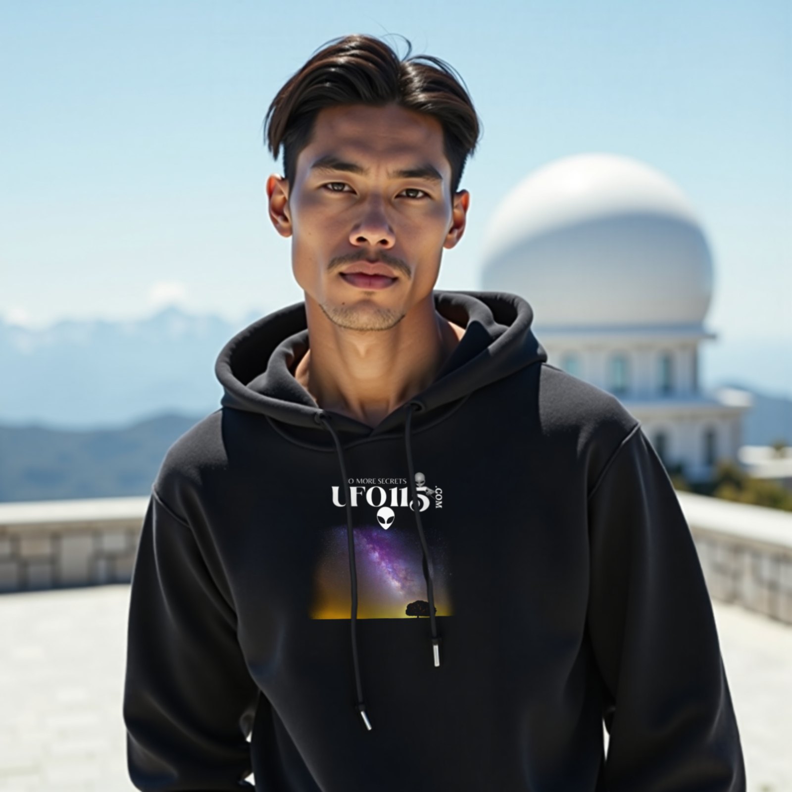 Sky Watcher Purple Star Dust hoodie in Black, worn by a model (on the white stone terrace of a mountain-top observatory on a bright clear day). AI-generated image: model and scene are AI-generated; the print is the real artwork.