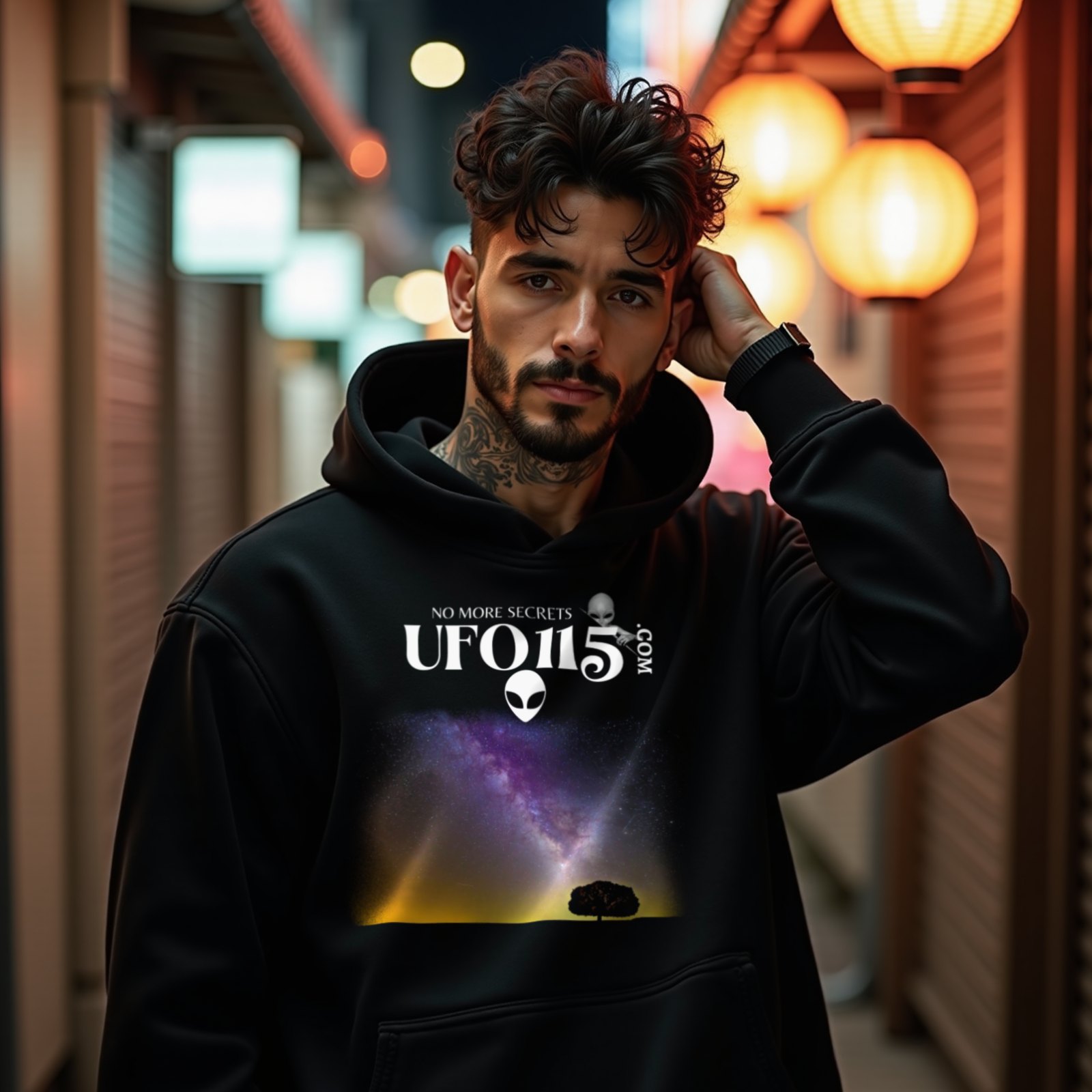 Sky Watcher Purple Star Dust hoodie in Black, worn by a model (on a narrow Tokyo street at night). AI-generated image: model and scene are AI-generated; the print is the real artwork.