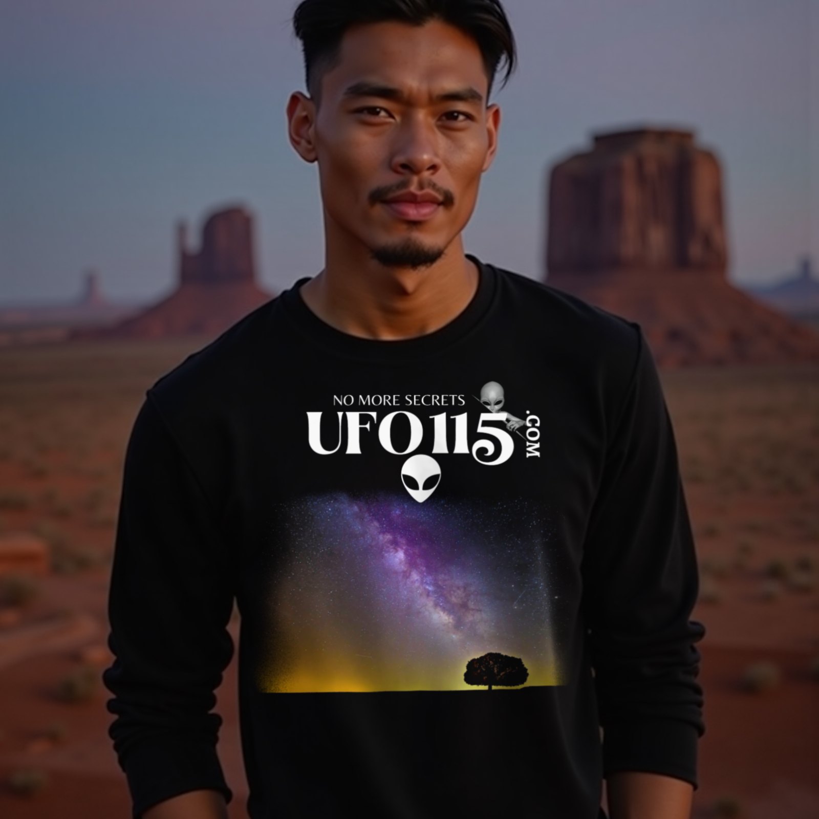 Sky Watcher Purple Star Dust long-sleeve T-shirt in Black, worn by a model (in Monument Valley at dusk). AI-generated image: model and scene are AI-generated; the print is the real artwork.