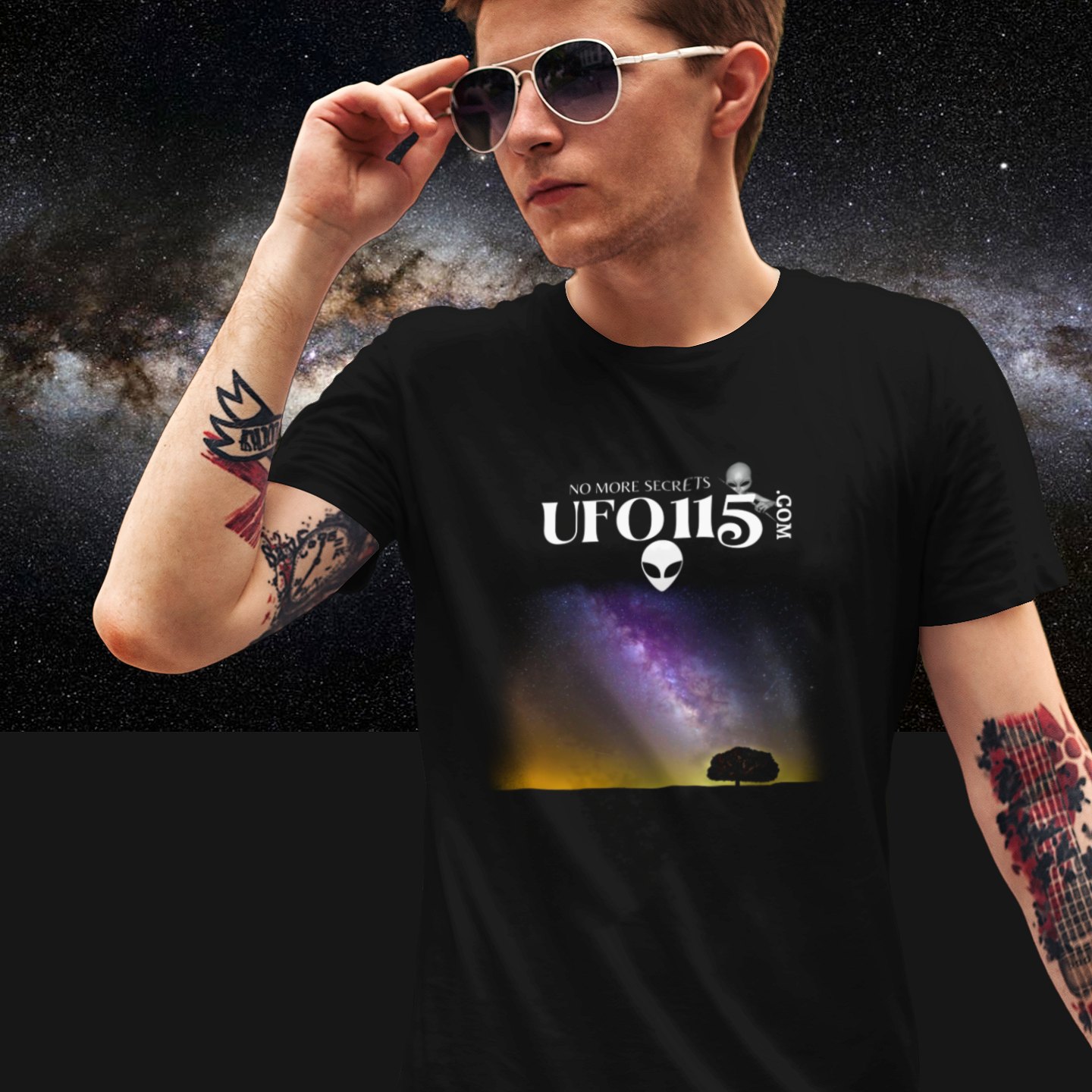 Sky Watcher Purple Star Dust T-shirt in Black, front print, worn by a model (Milky Way night). AI-edited photo: the real print artwork was digitally placed on a model photo.