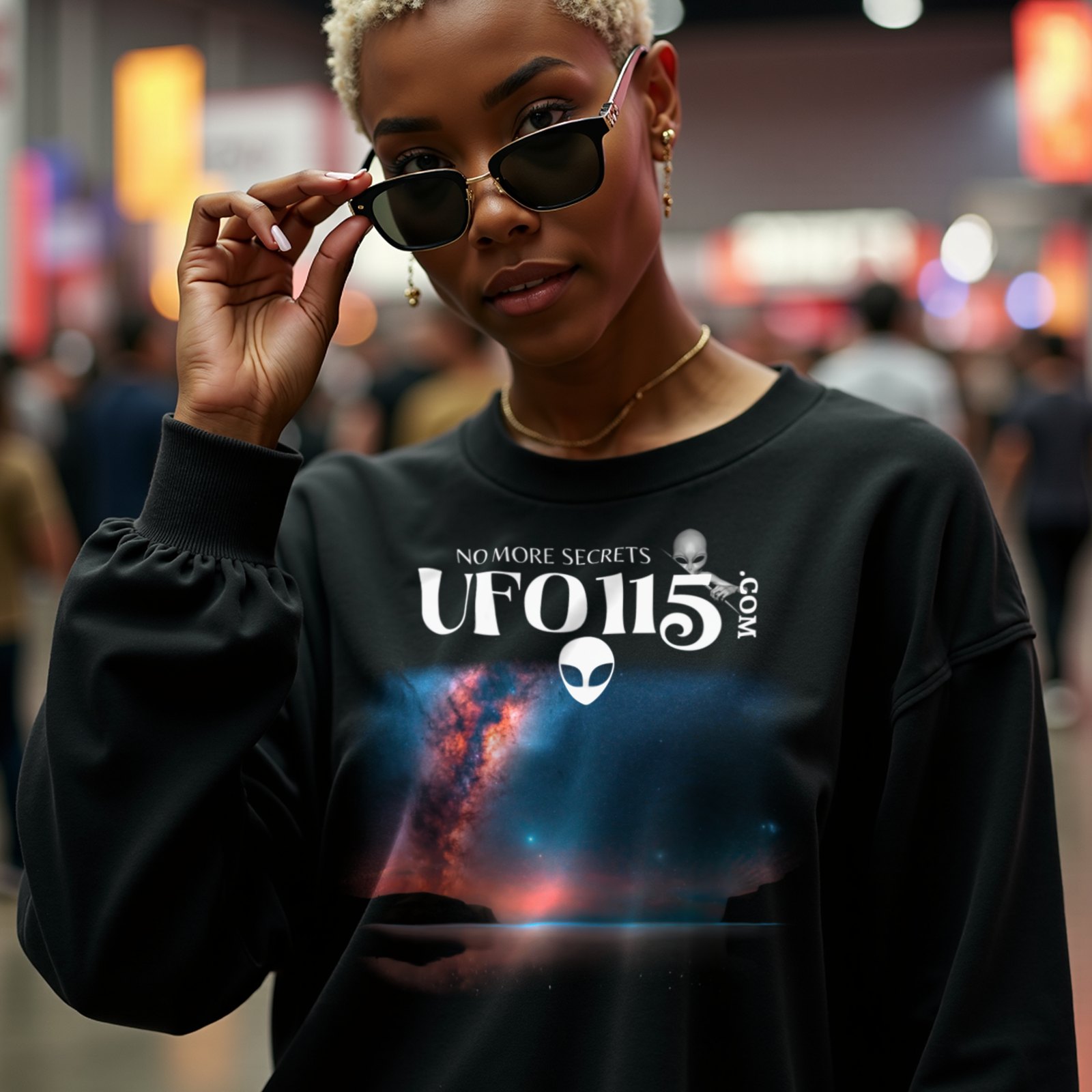 Sky Watcher – Ring of Fire crewneck sweatshirt in Black, worn by a model (in a busy science-fiction fan convention hall). AI-generated image: model and scene are AI-generated; the print is the real artwork.