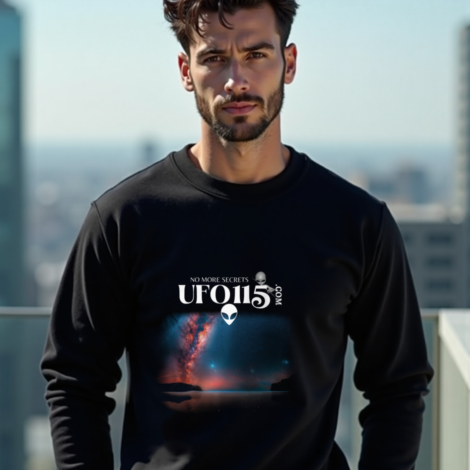 Sky Watcher – Ring of Fire crewneck sweatshirt in Black, worn by a model (on a rooftop terrace above a modern city skyline on a clear day). AI-generated image: model and scene are AI-generated; the print is the real artwork.