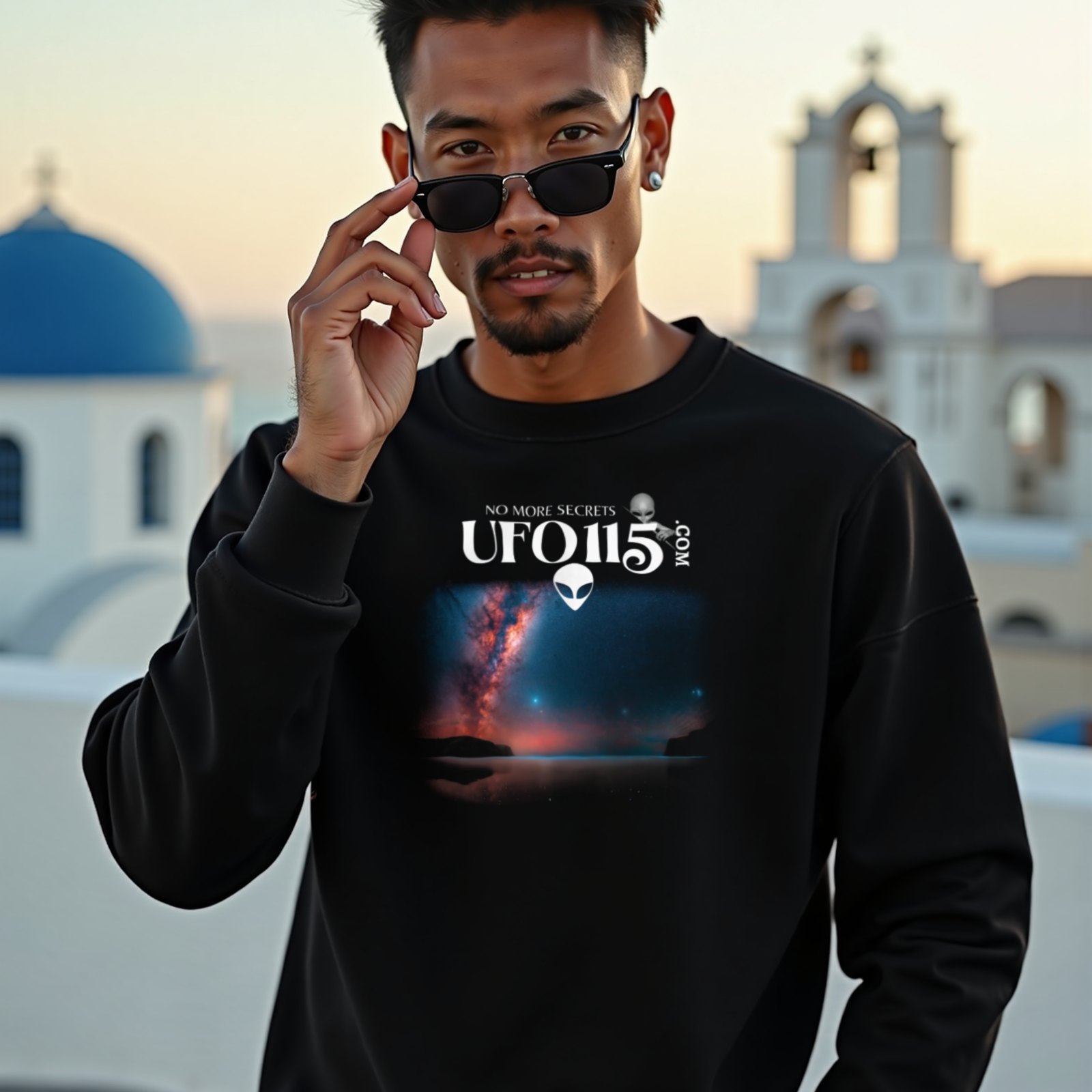 Sky Watcher – Ring of Fire crewneck sweatshirt in Black, worn by a model (on a whitewashed Santorini terrace at golden hour). AI-generated image: model and scene are AI-generated; the print is the real artwork.