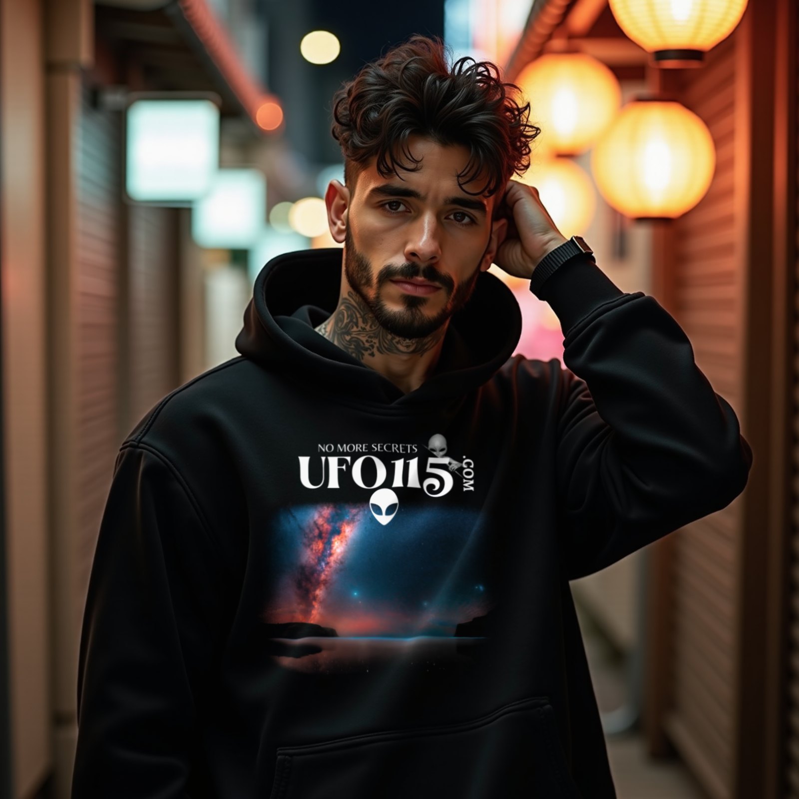 Sky Watcher – Ring of Fire hoodie in Black, worn by a model (on a narrow Tokyo street at night). AI-generated image: model and scene are AI-generated; the print is the real artwork.