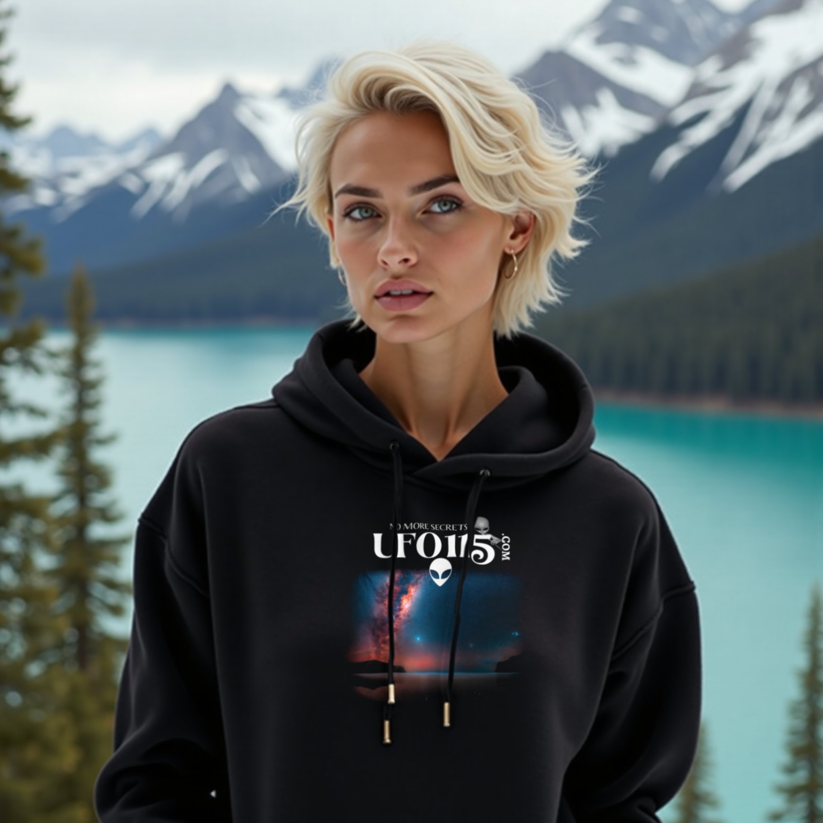 Sky Watcher – Ring of Fire hoodie in Black, worn by a model (on a lookout above a turquoise alpine lake). AI-generated image: model and scene are AI-generated; the print is the real artwork.