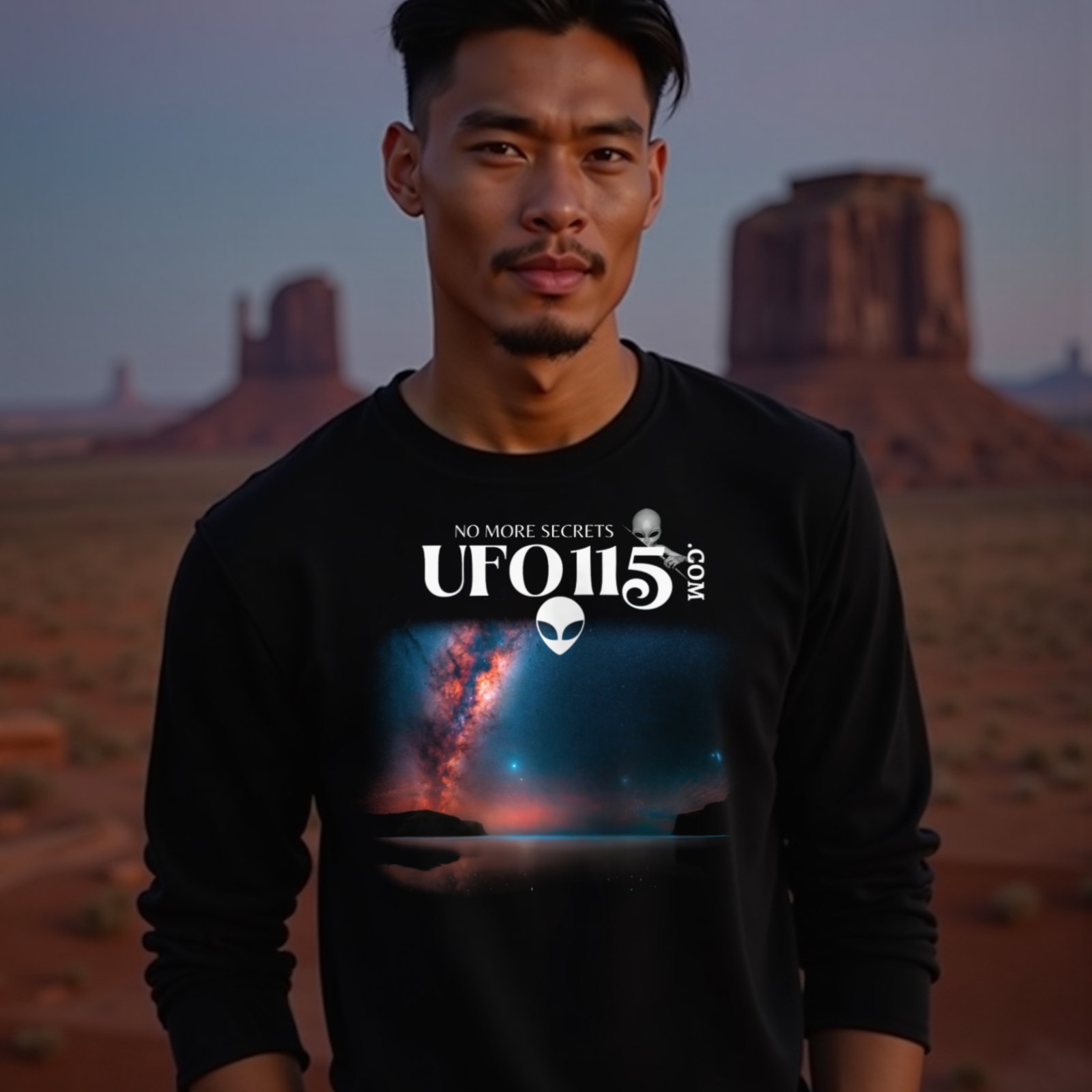 Sky Watcher – Ring of Fire long-sleeve T-shirt in Black, worn by a model (in Monument Valley at dusk). AI-generated image: model and scene are AI-generated; the print is the real artwork.